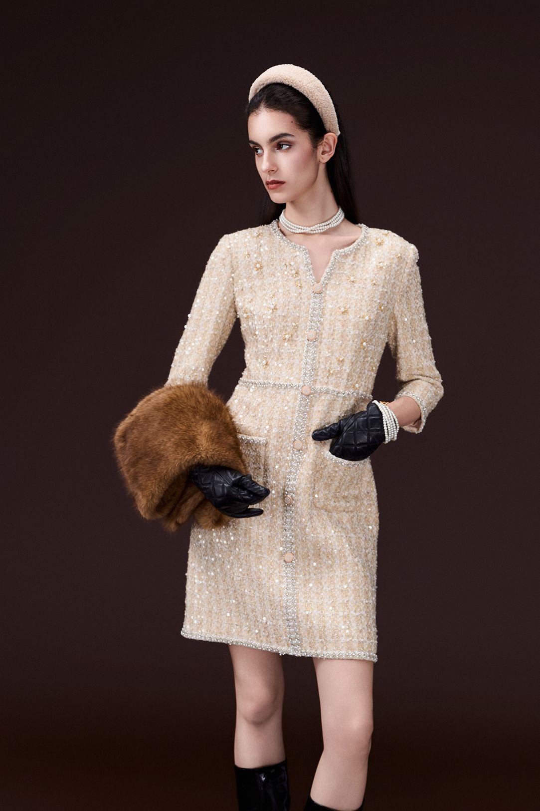 Lurex Checked Tweed Sequin-detail Embellished Dress