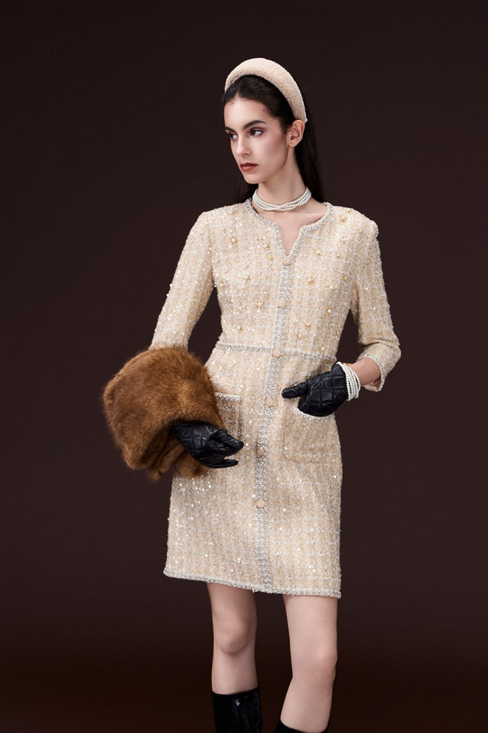 Lurex Checked Tweed Sequin-detail Embellished Dress