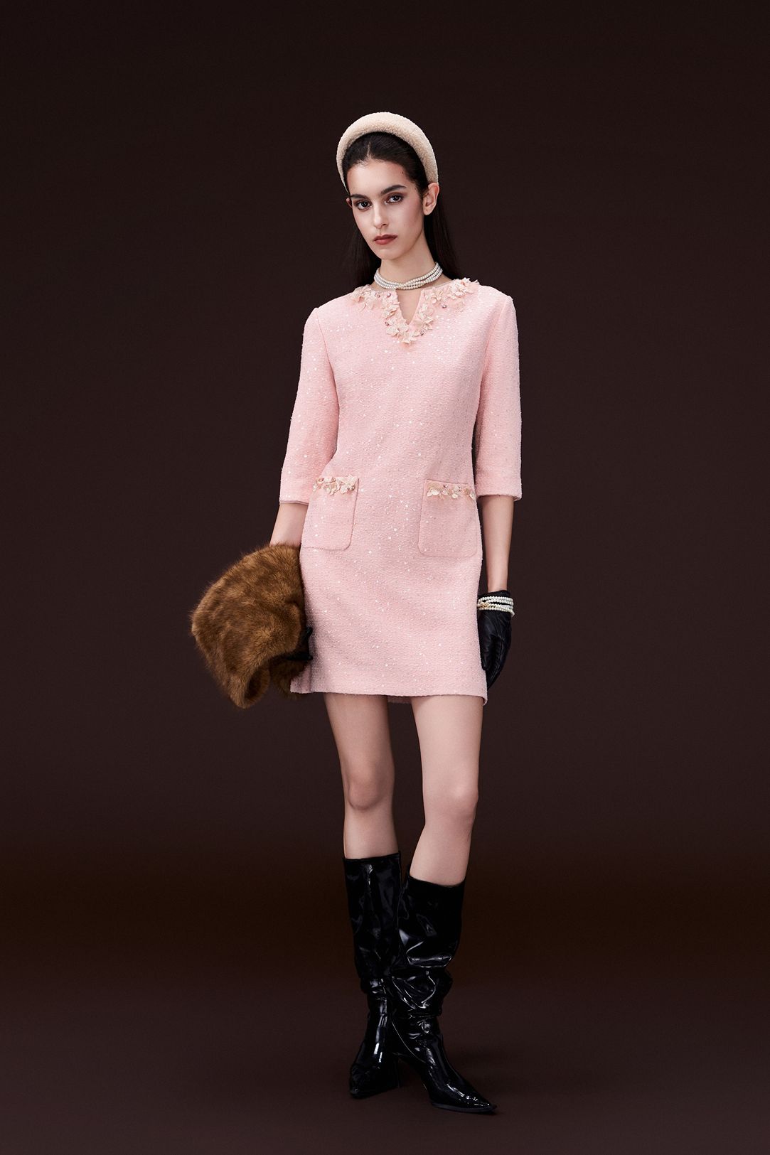 Appliqué V-neck Sequin Tweed Dress