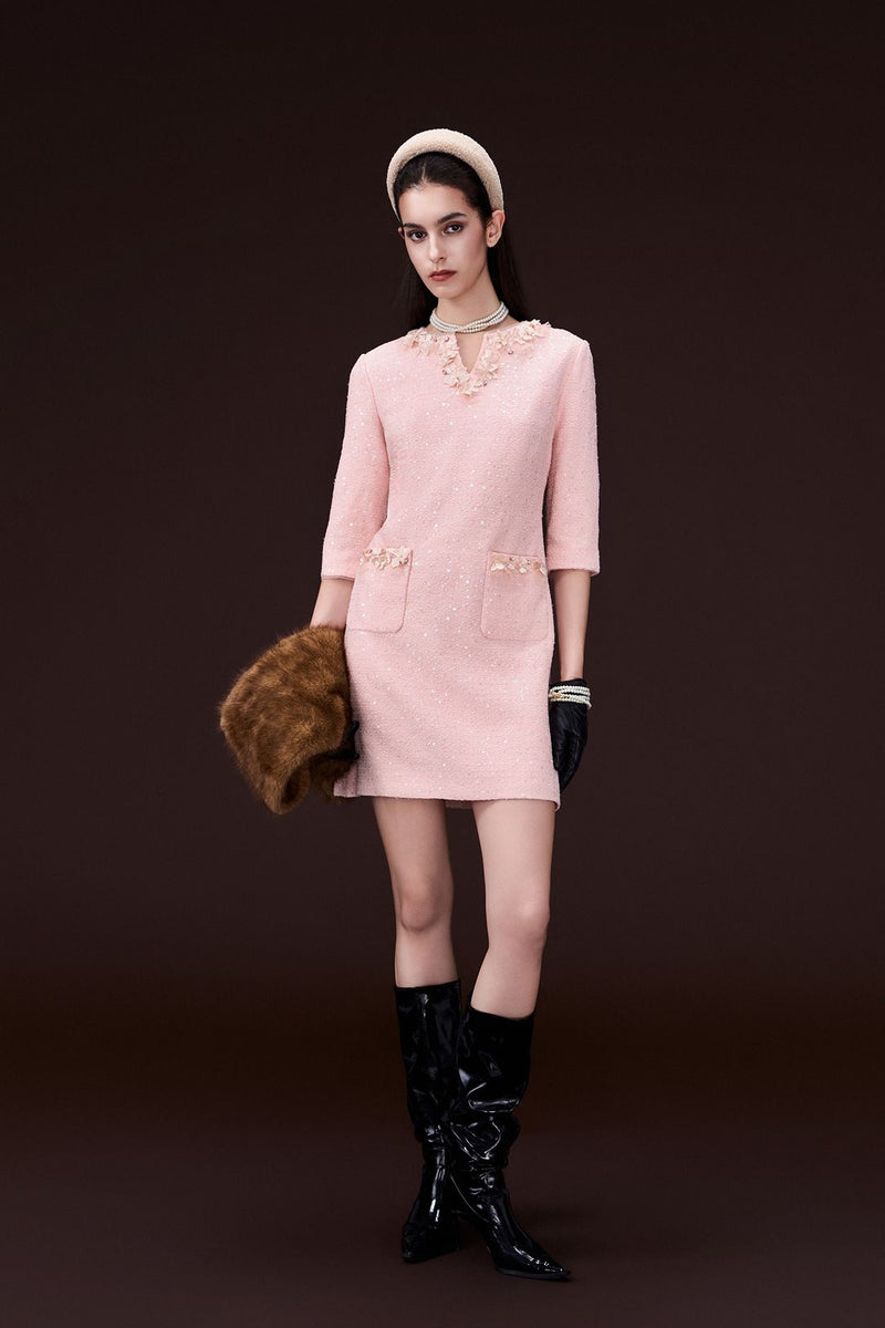 Appliqué V-neck Sequin Tweed Dress