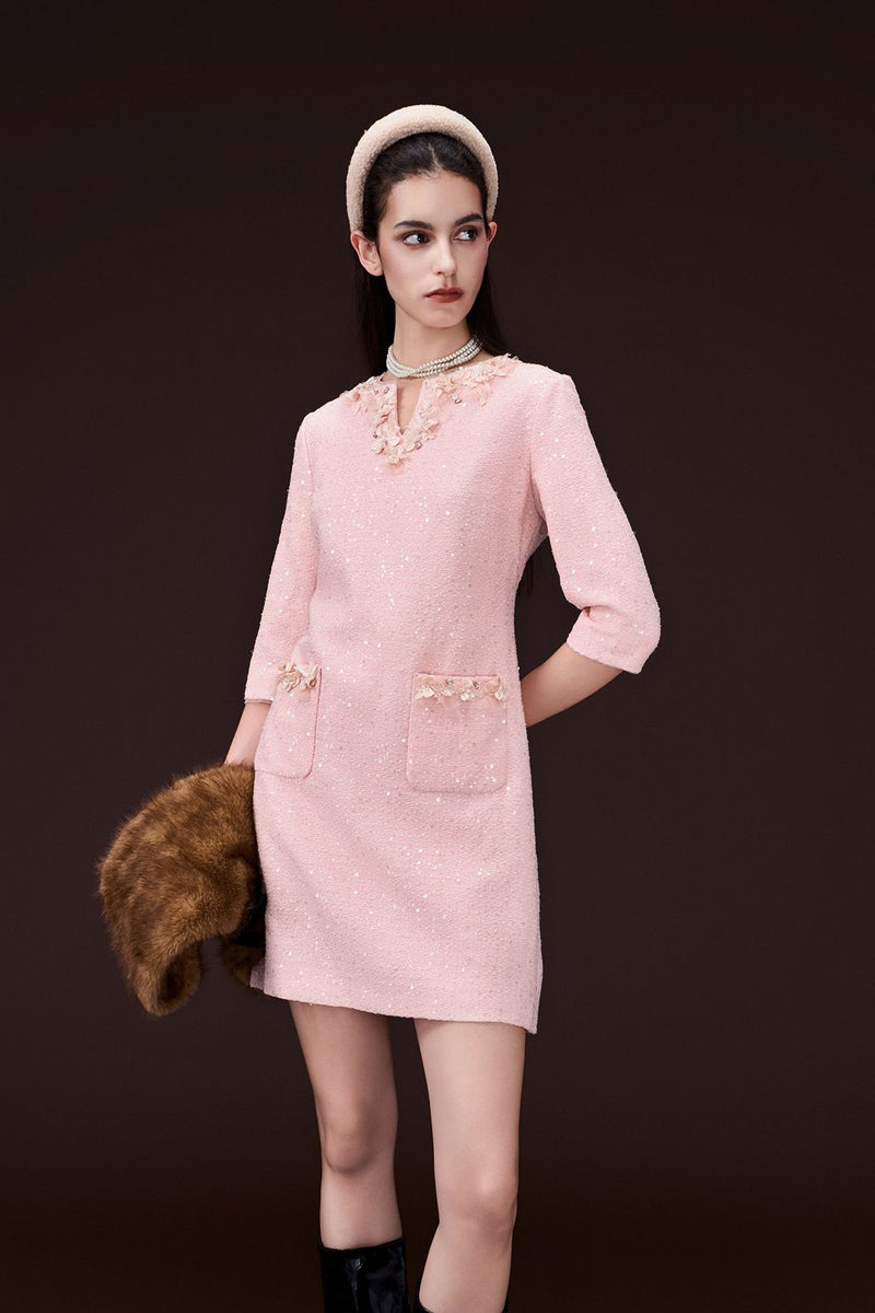Appliqué V-neck Sequin Tweed Dress