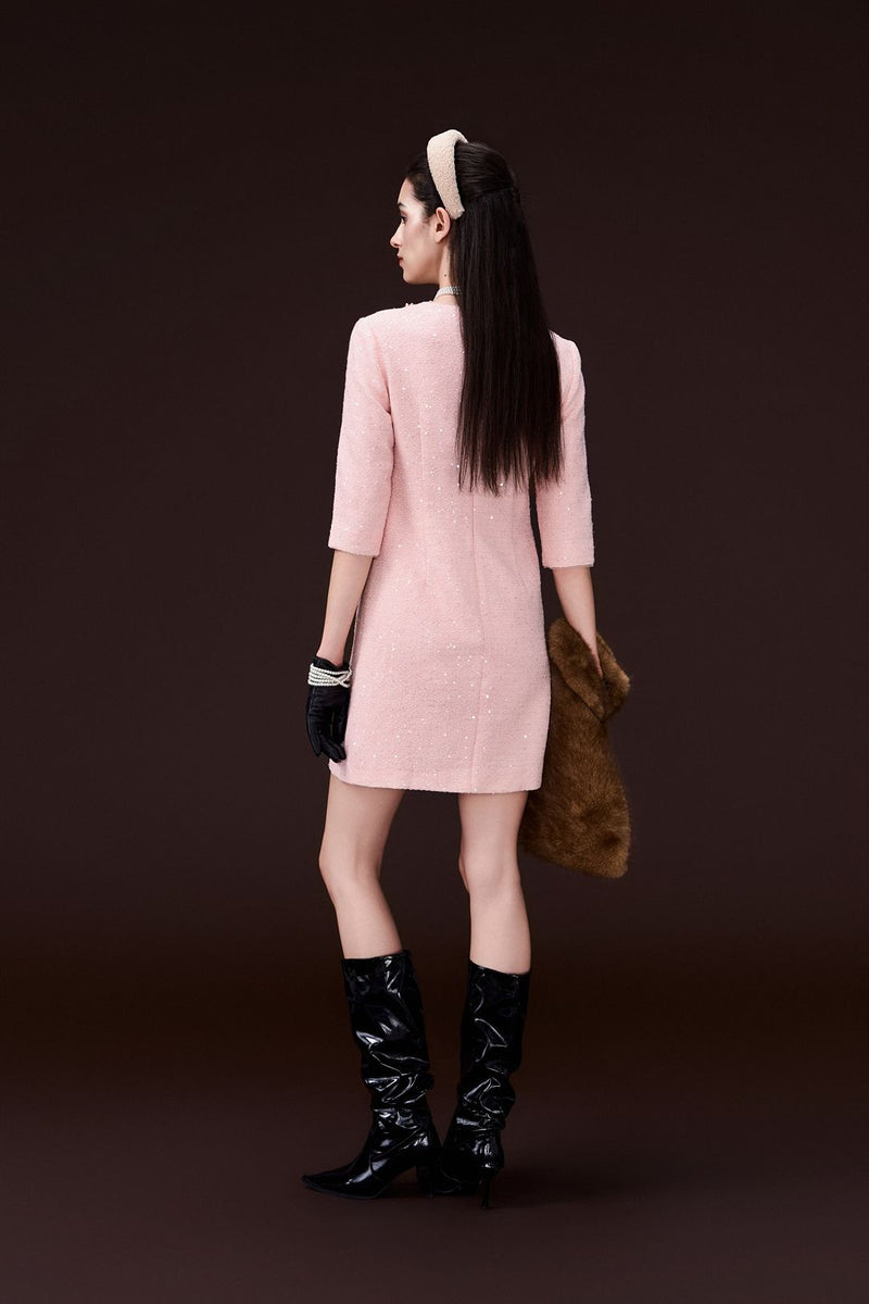 Appliqué V-neck Sequin Tweed Dress