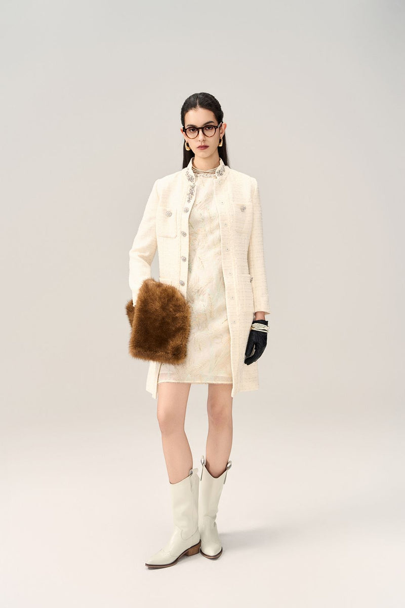 Flower-Motif Crystal-Embellished Tweed Coat