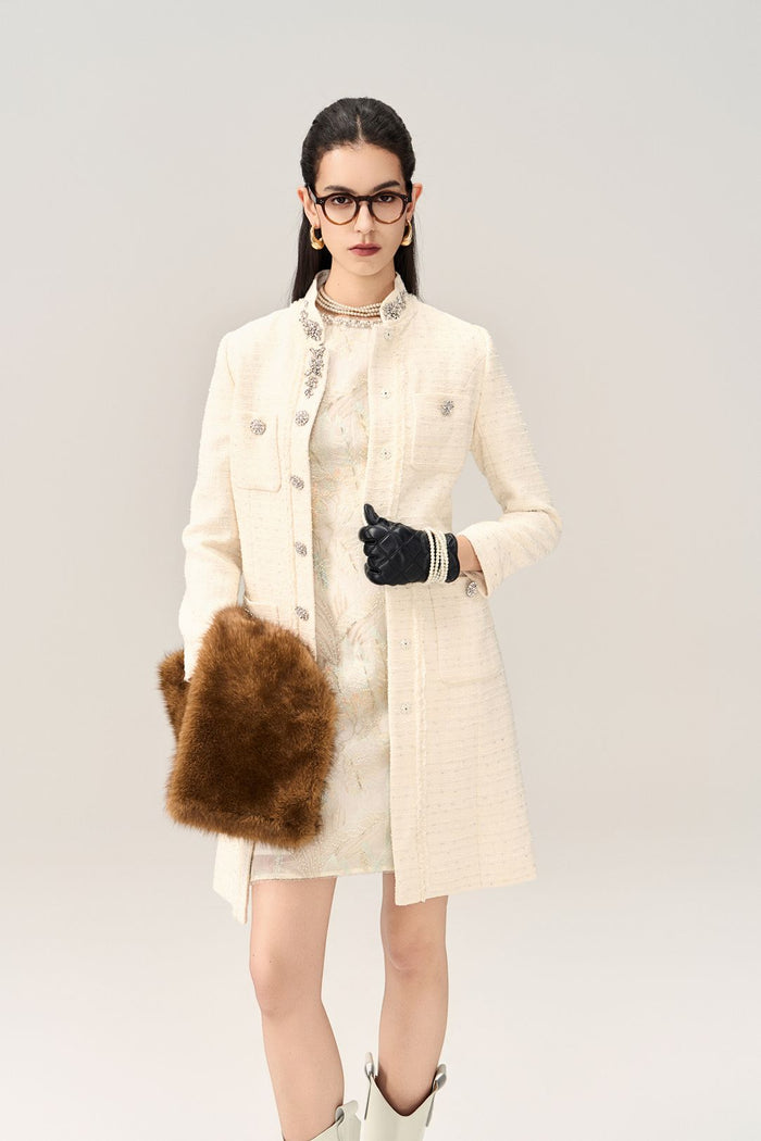 Flower-Motif Crystal-Embellished Tweed Coat