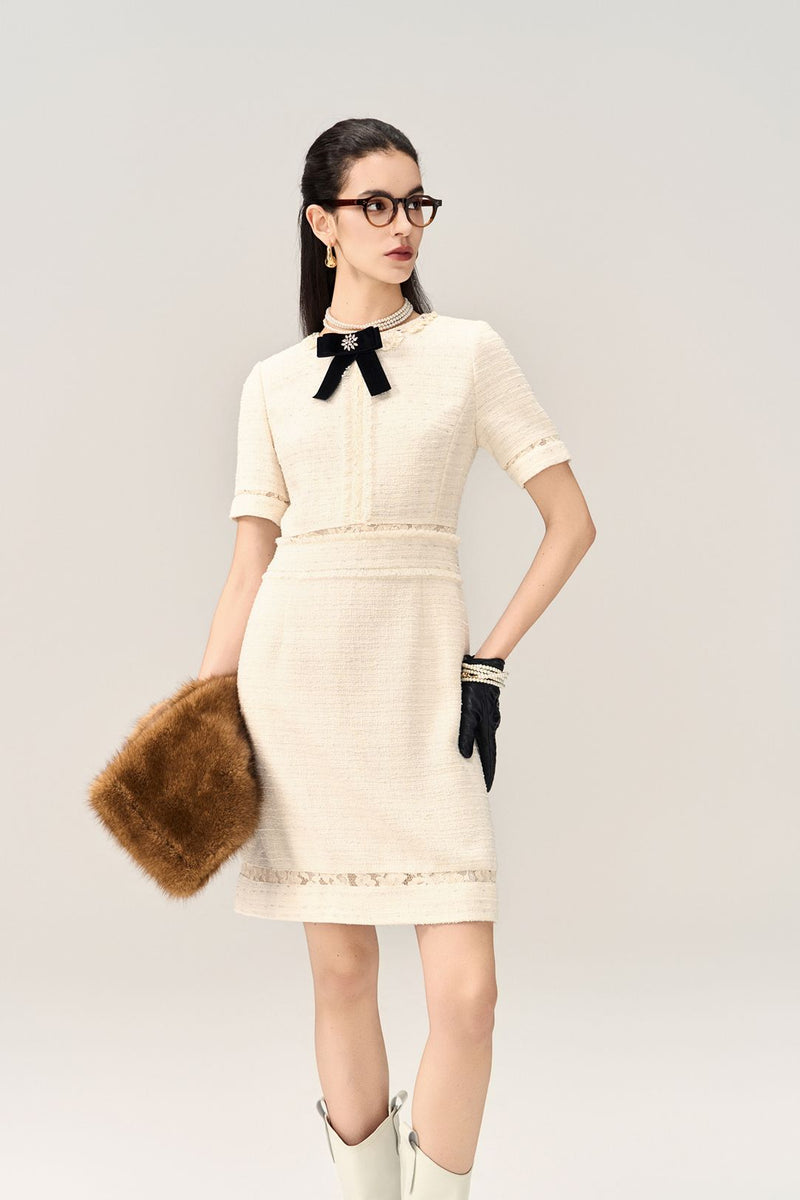 Lace-Trim Tweed Dress with Velvet Bow