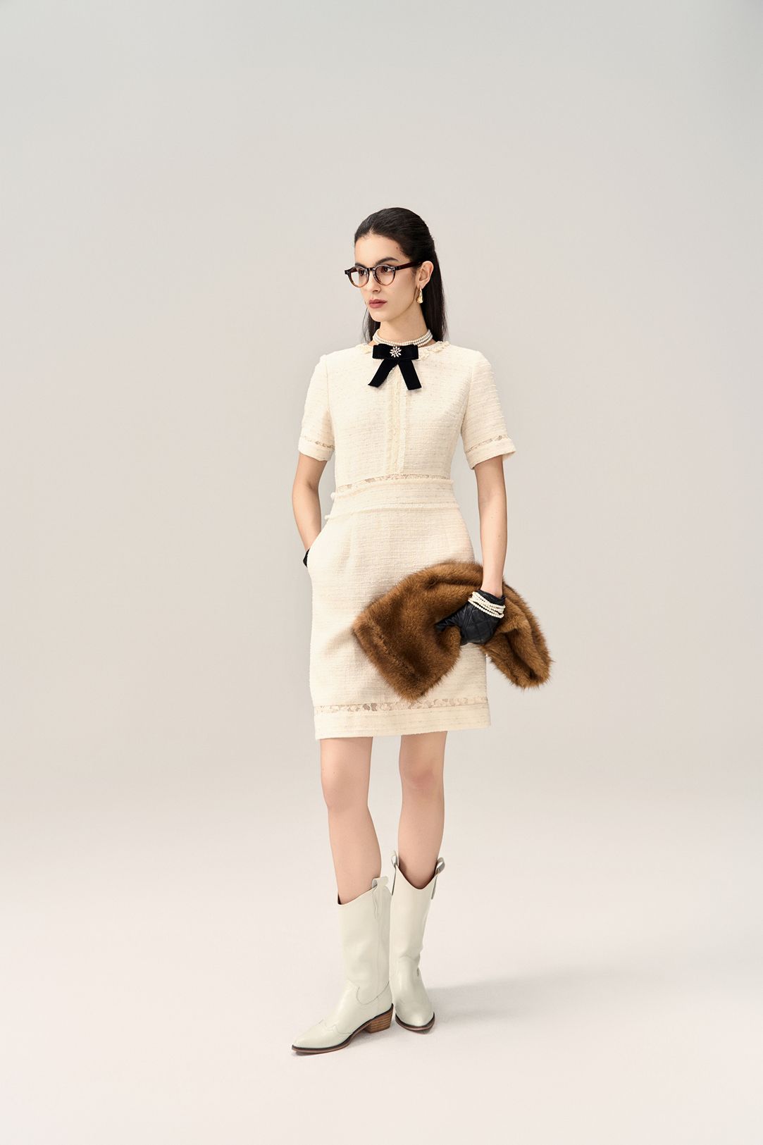 Lace-Trim Tweed Dress with Velvet Bow