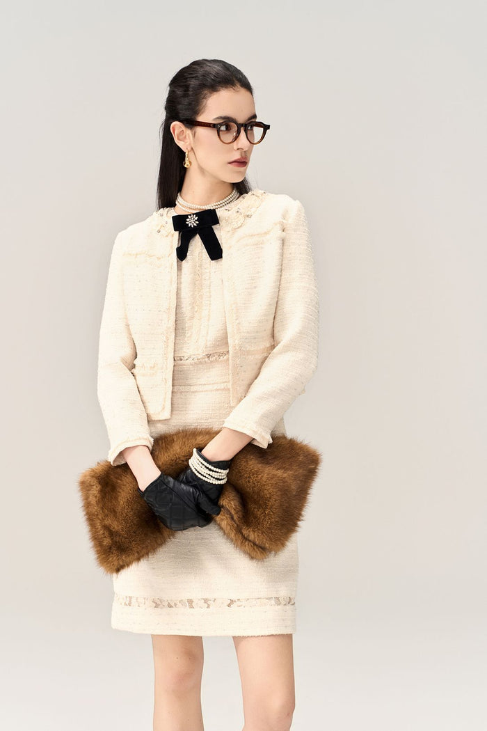 Crystal-Embellished Lace-Trim Tweed Jacket