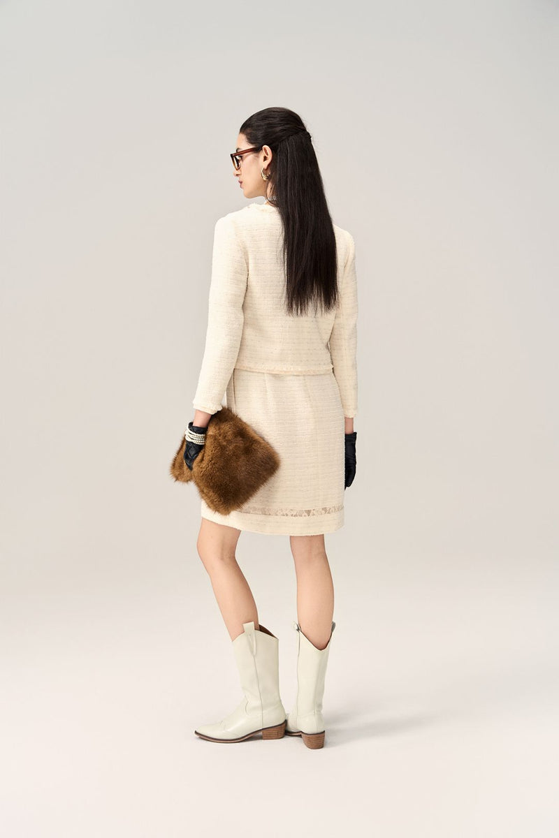 Crystal-Embellished Lace-Trim Tweed Jacket