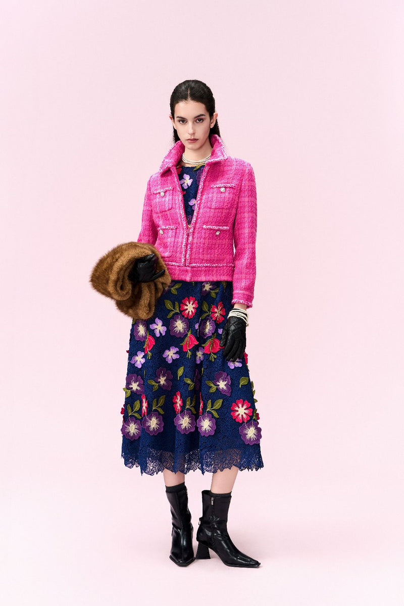 Checked Braided-trim Cropped Jacket