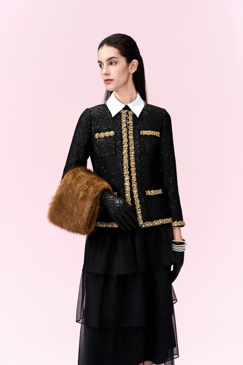 Contrasting Embellished-trim Sequined Jacket