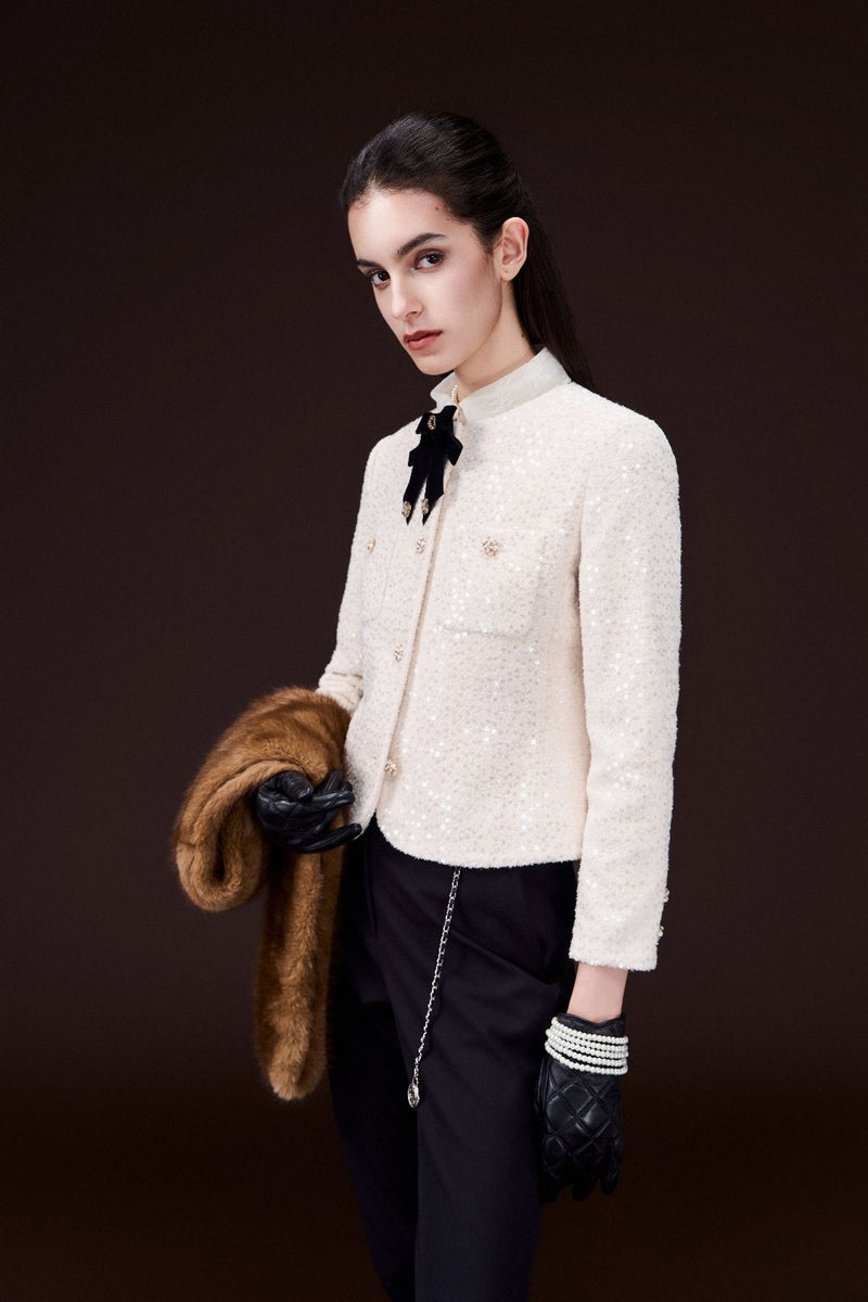 Embellished-button Cropped Sequined Jacket