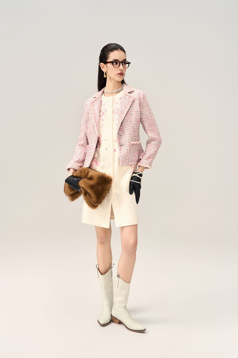 Notched Lapel Mixed Tweed Contrasting-trim Cropped Jacket