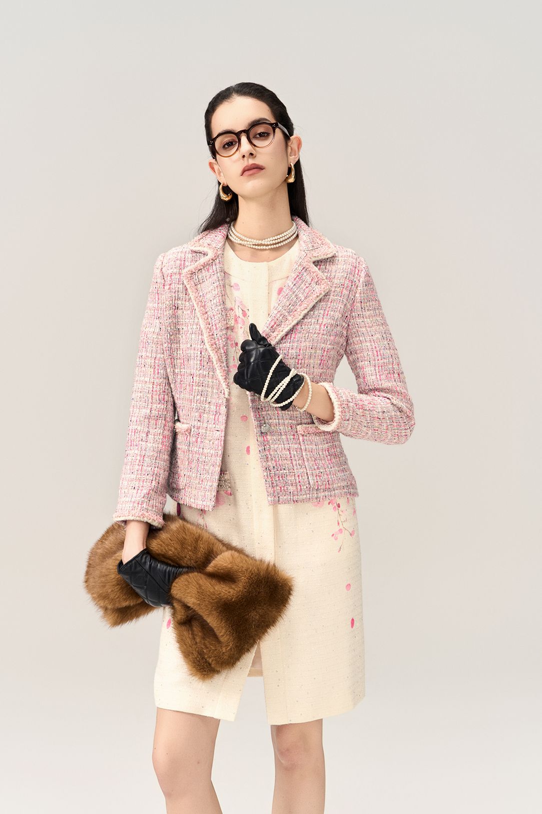 Notched Lapel Mixed Tweed Contrasting-trim Cropped Jacket