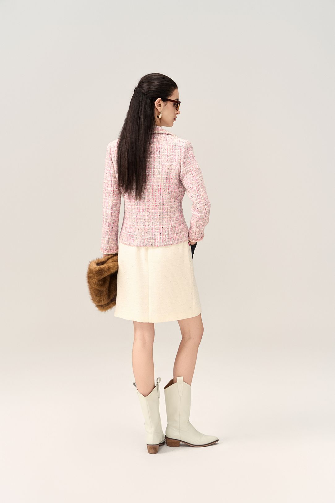 Notched Lapel Mixed Tweed Contrasting-trim Cropped Jacket