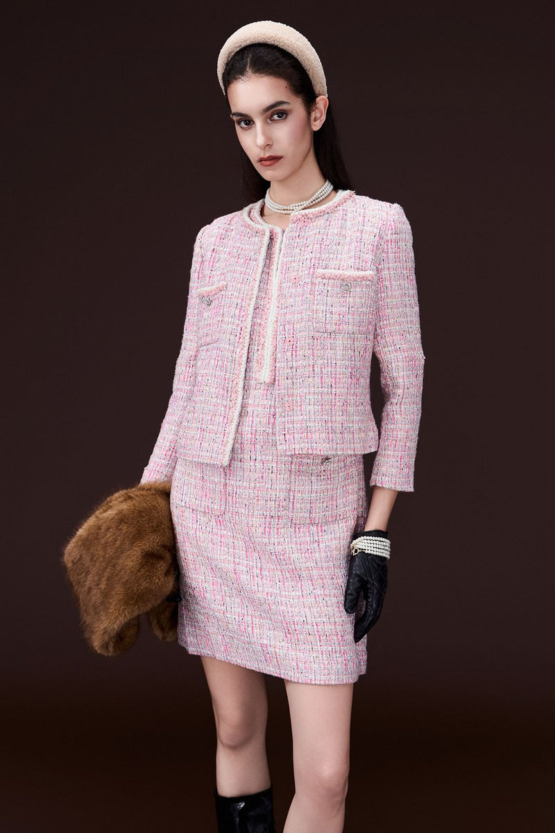 Round Neck Mixed Tweed Contrasting-trim Cropped Jacket