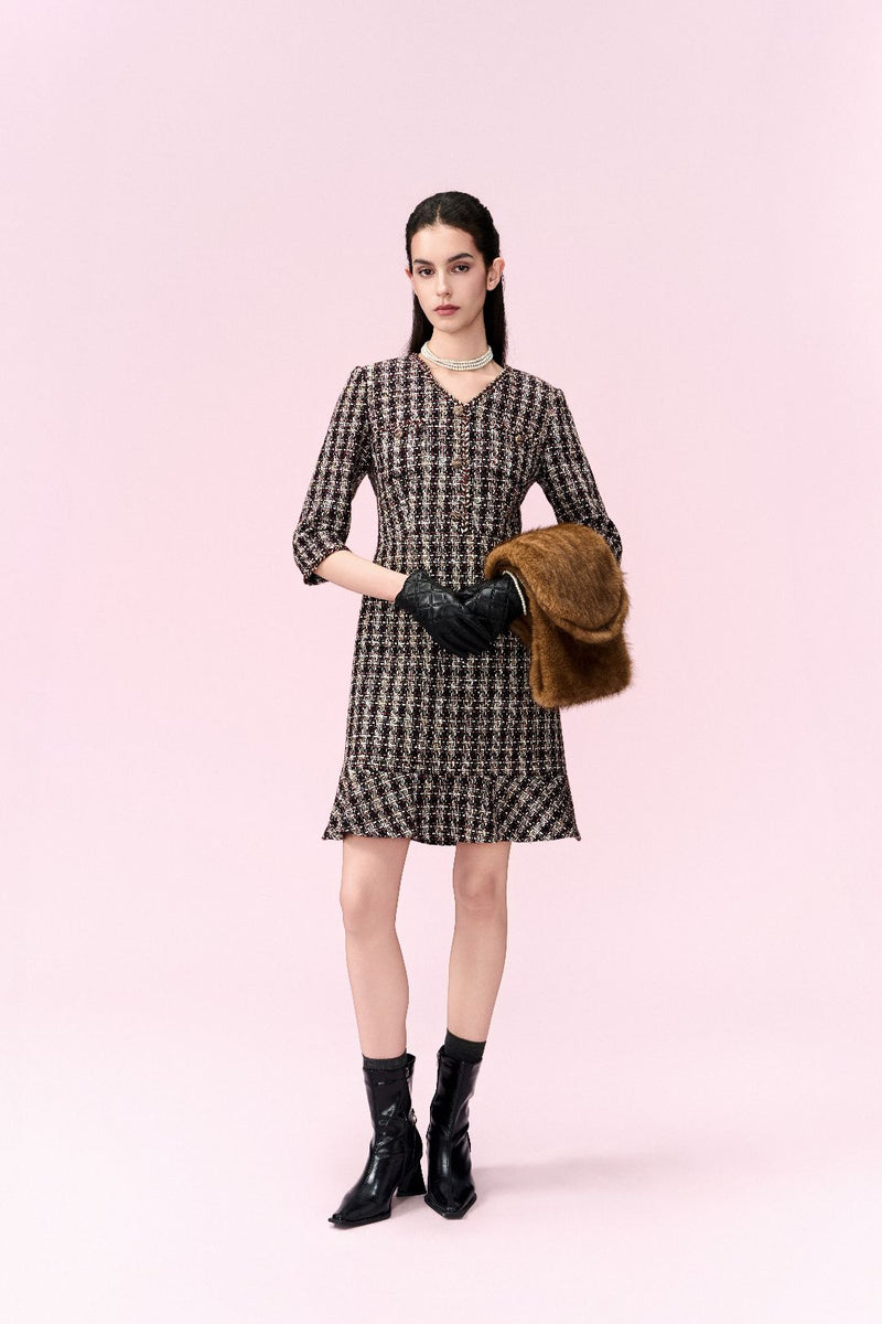Checked Fishtail-hem Tweed Midi Dress