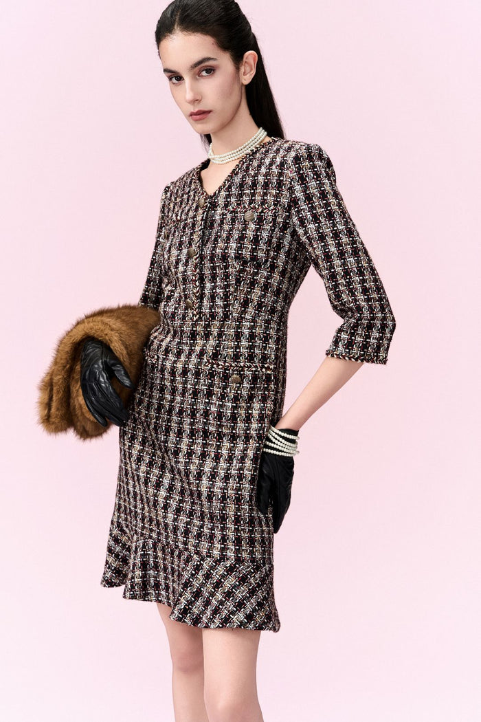 Checked Fishtail-hem Tweed Midi Dress