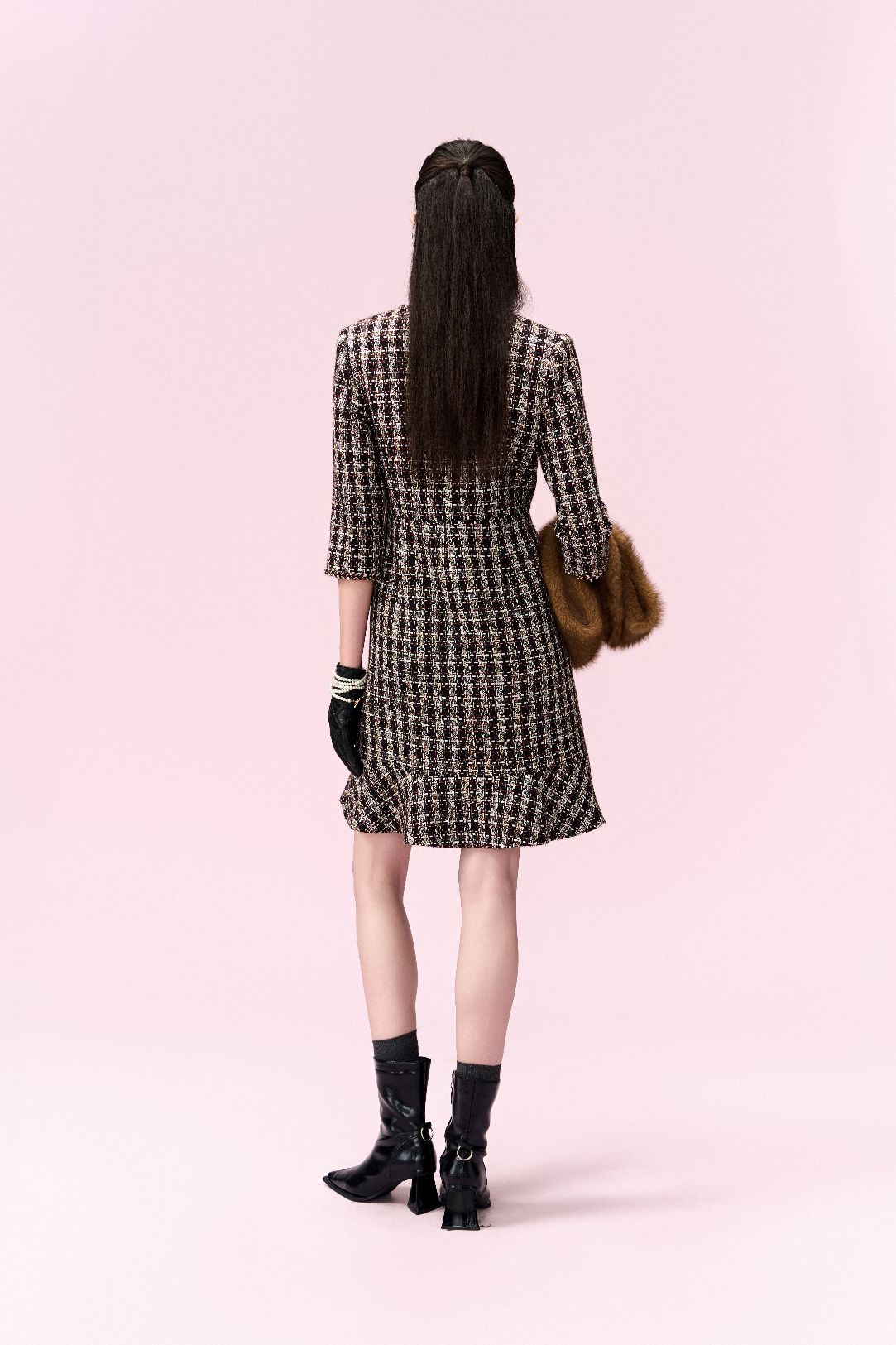 Checked Fishtail-hem Tweed Midi Dress
