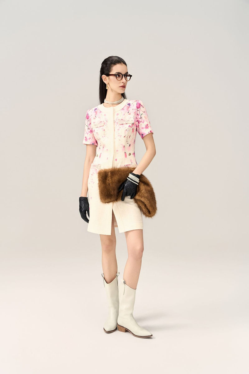 Flower-Motif Embellished Tweed Dress