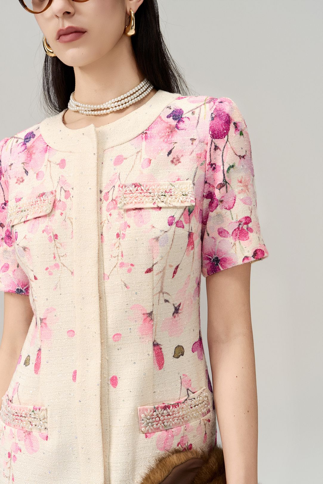 Flower-Motif Embellished Tweed Dress