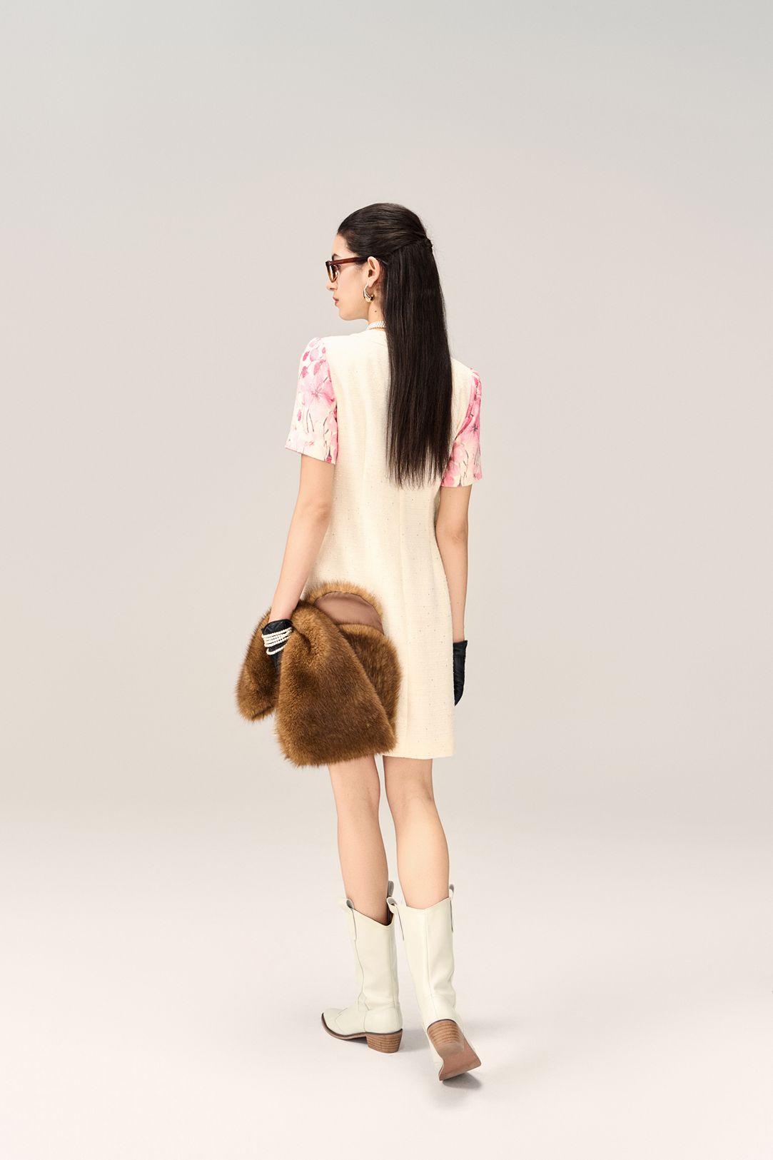 Flower-Motif Embellished Tweed Dress