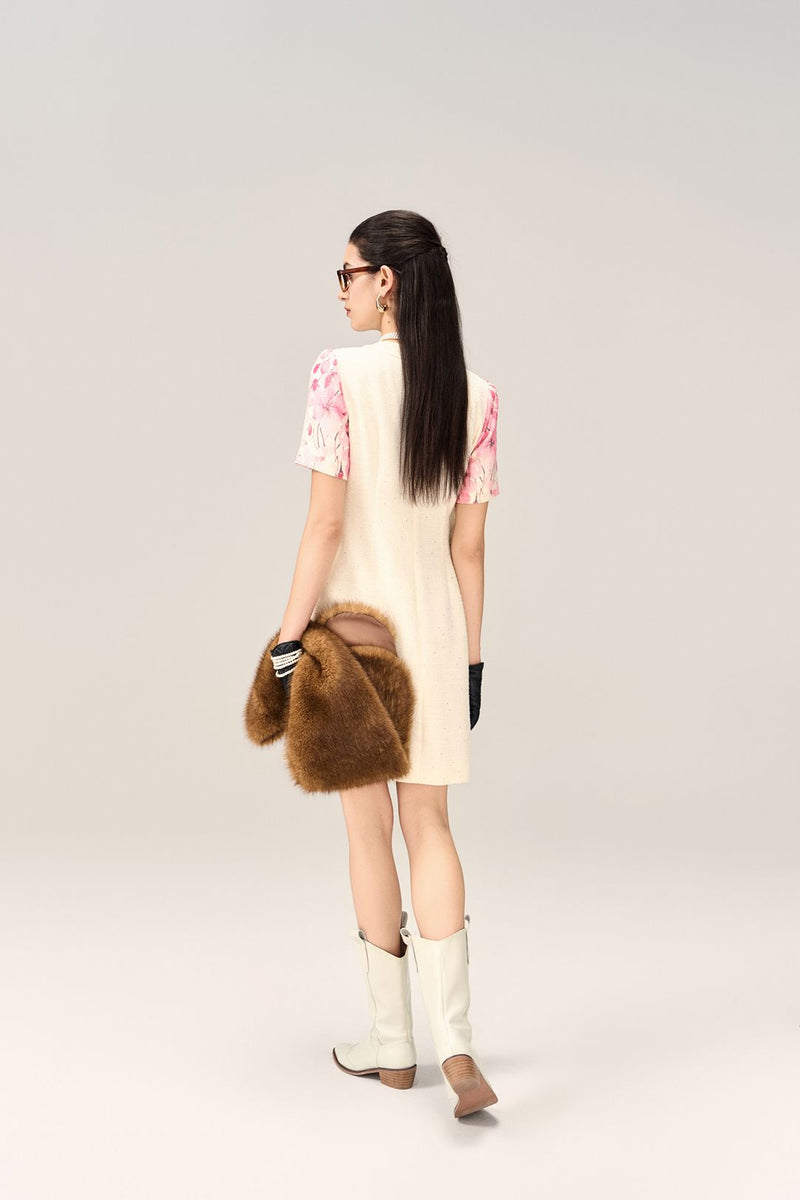 Flower-Motif Embellished Tweed Dress