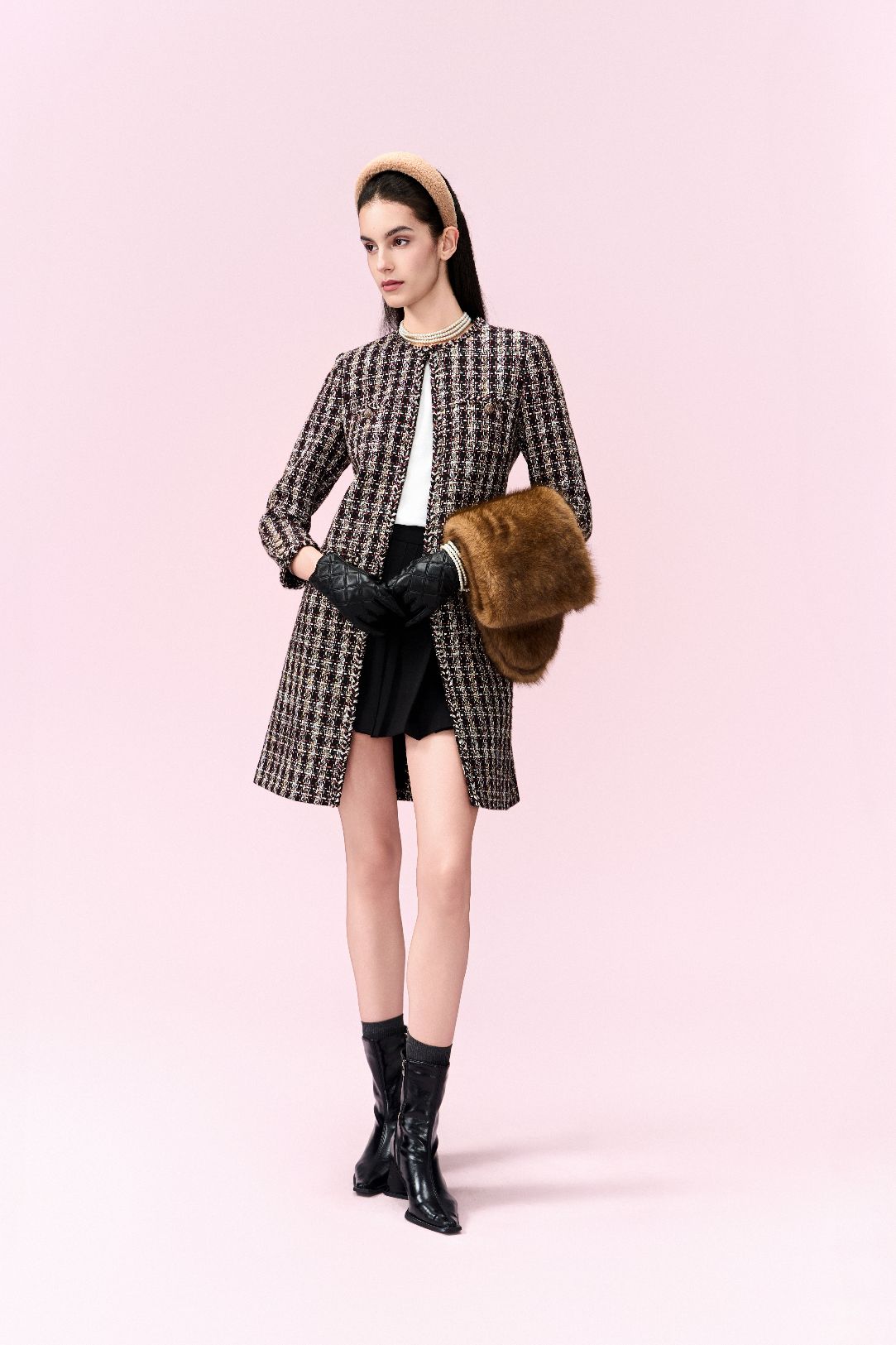 Checked Patch-pocket Tweed Long Coat