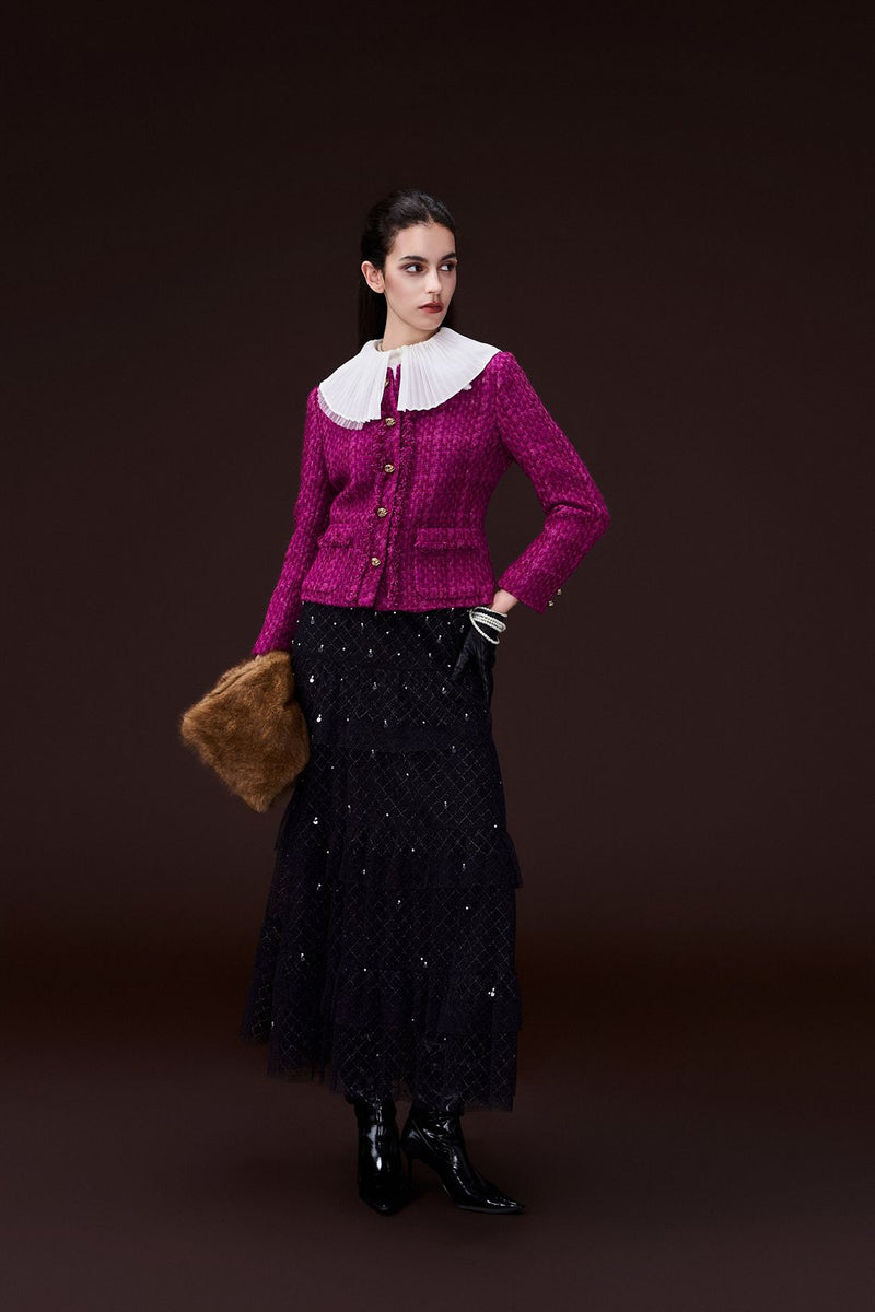 Checked fringed tweed jacket