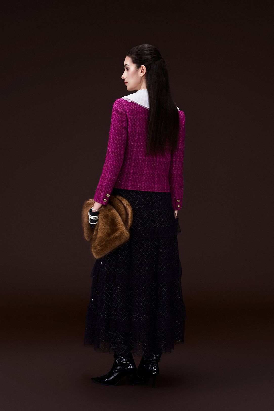 Checked fringed tweed jacket