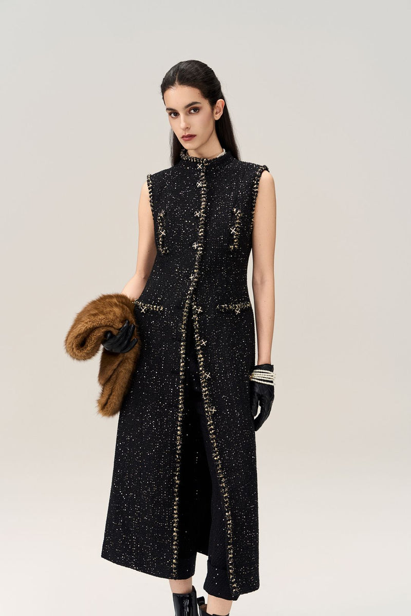 Frayed Lurex-trim Sleeveless Coat