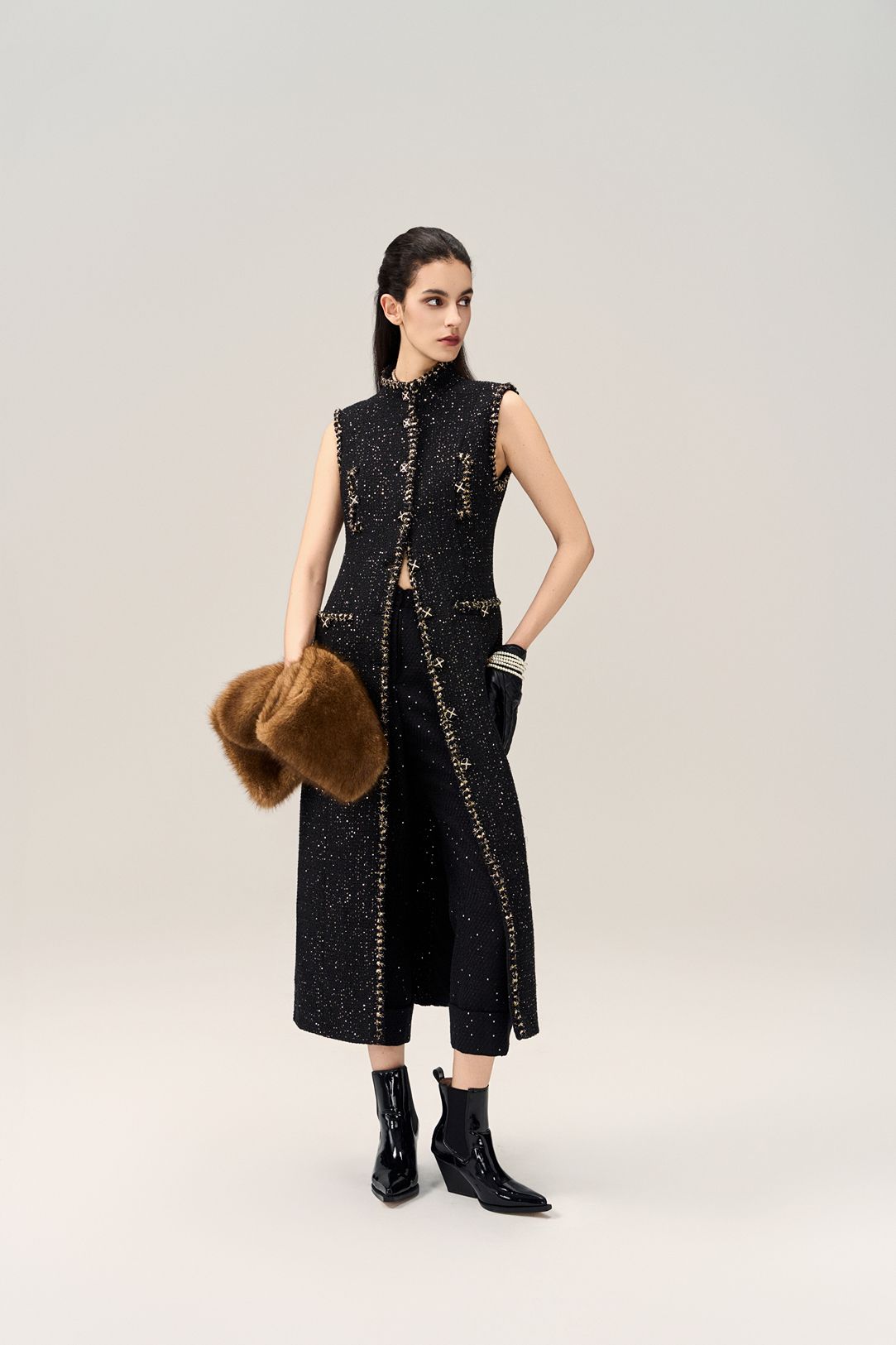 Frayed Lurex-trim Sleeveless Coat