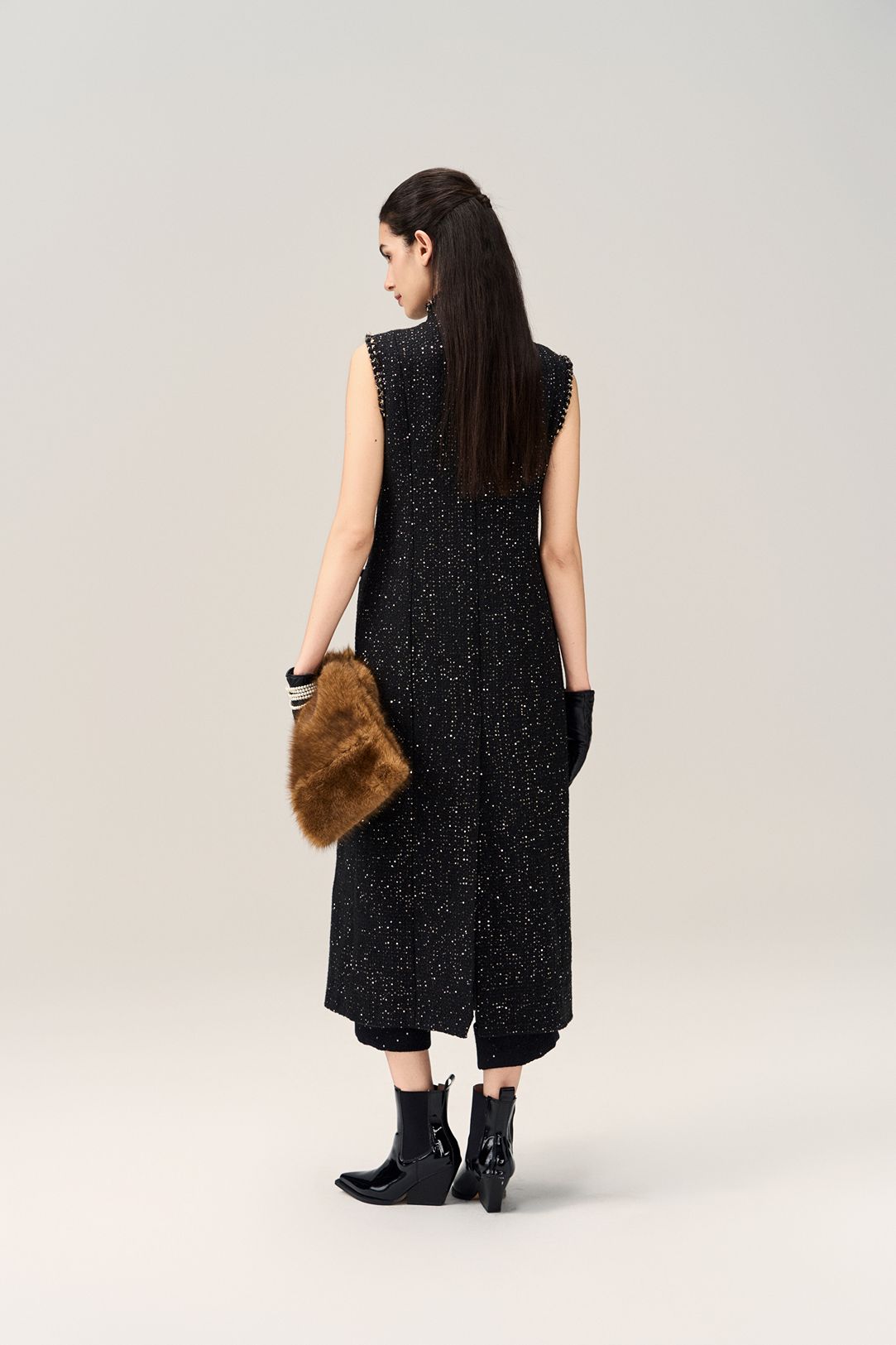 Frayed Lurex-trim Sleeveless Coat