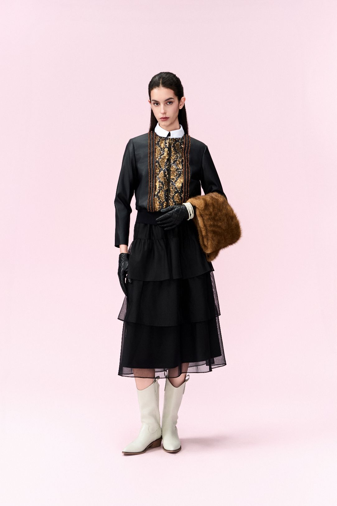 Sequin Panel Leather Zip Jacket