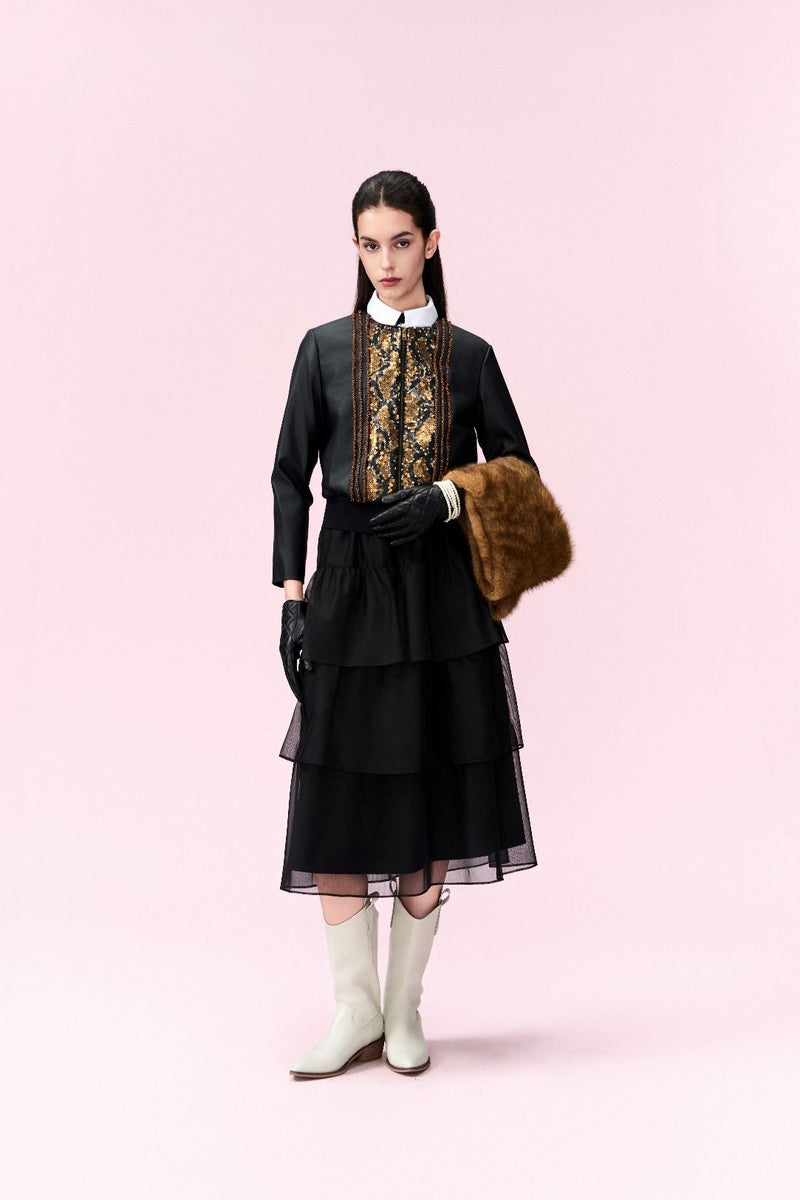 Sequin Panel Leather Zip Jacket