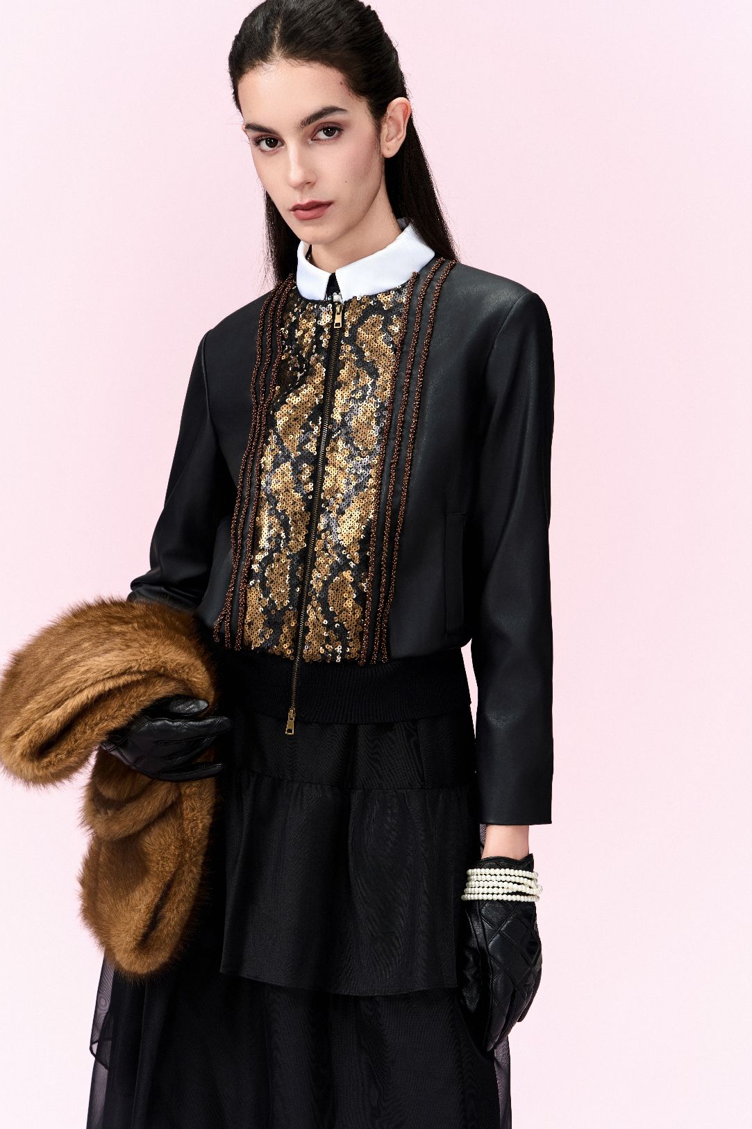 Sequin Panel Leather Zip Jacket