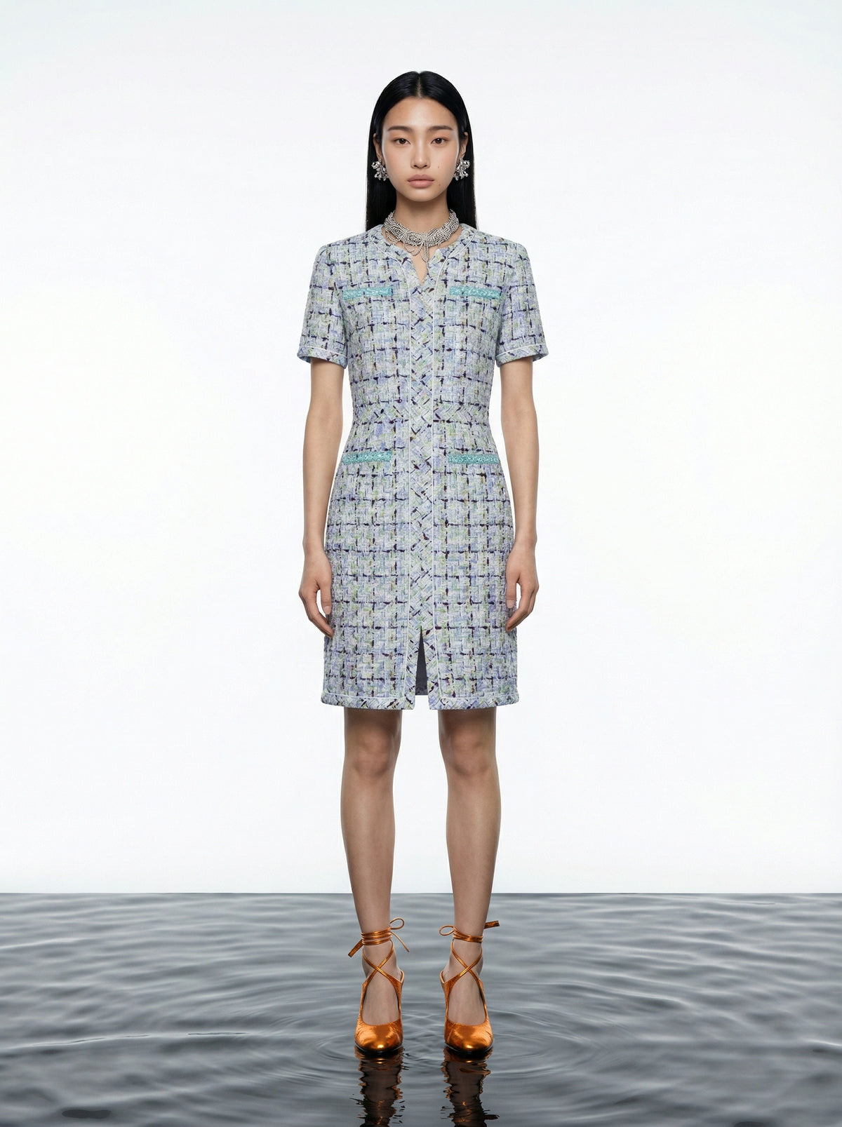 Azure Tweed Structured Dress