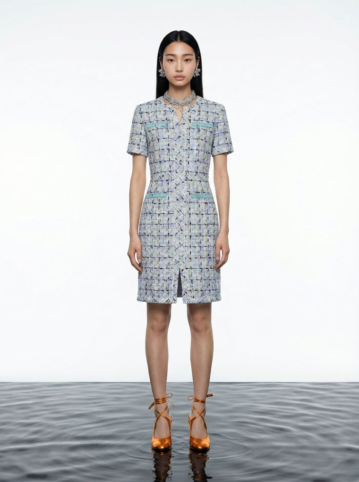 Azure Tweed Structured Dress
