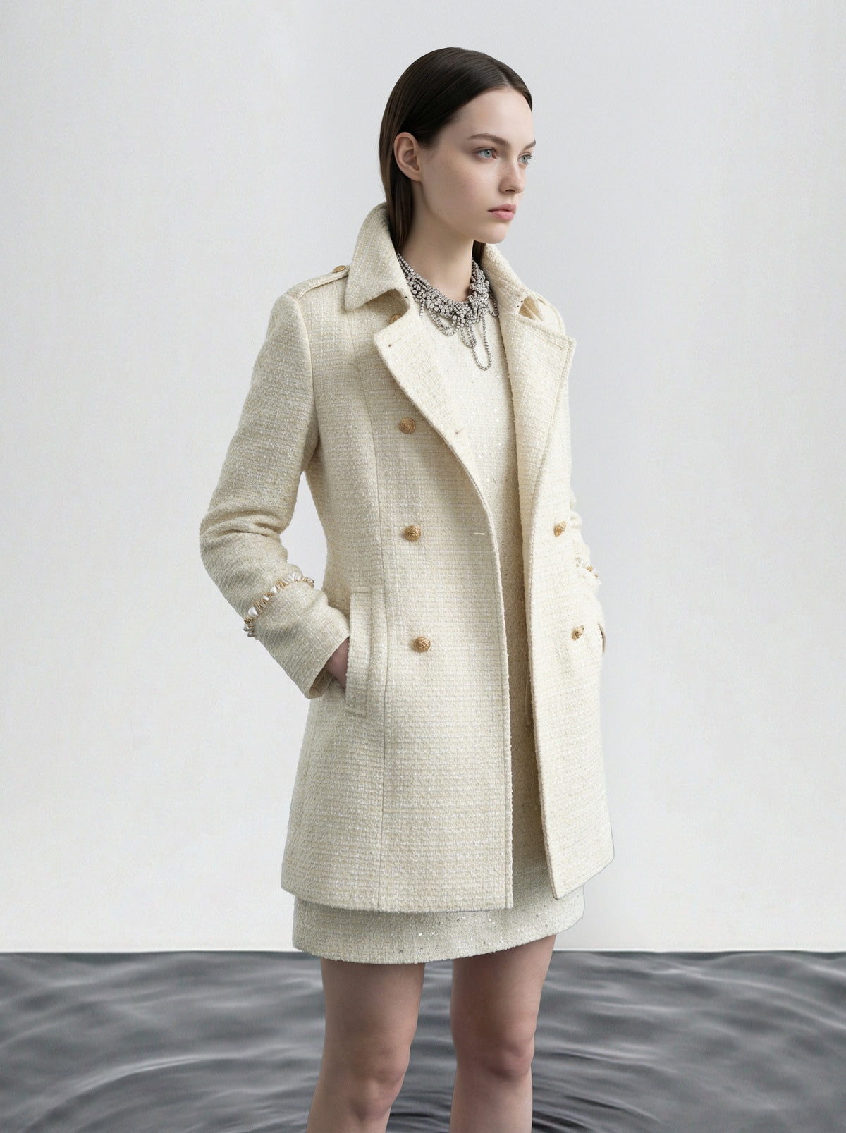 Créme Frange Double-Breasted Coat