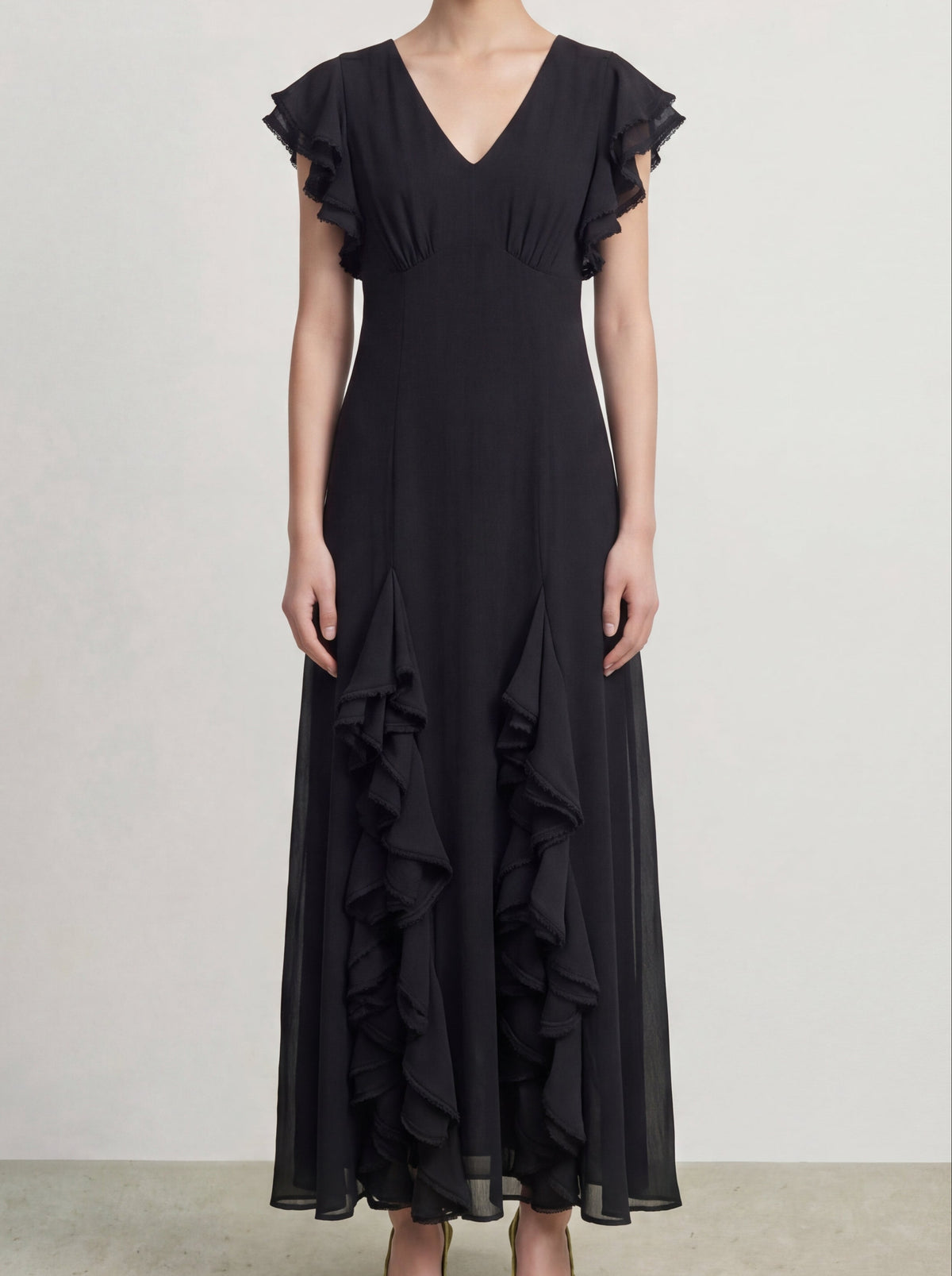 Noir Cascade Ruffle Dress