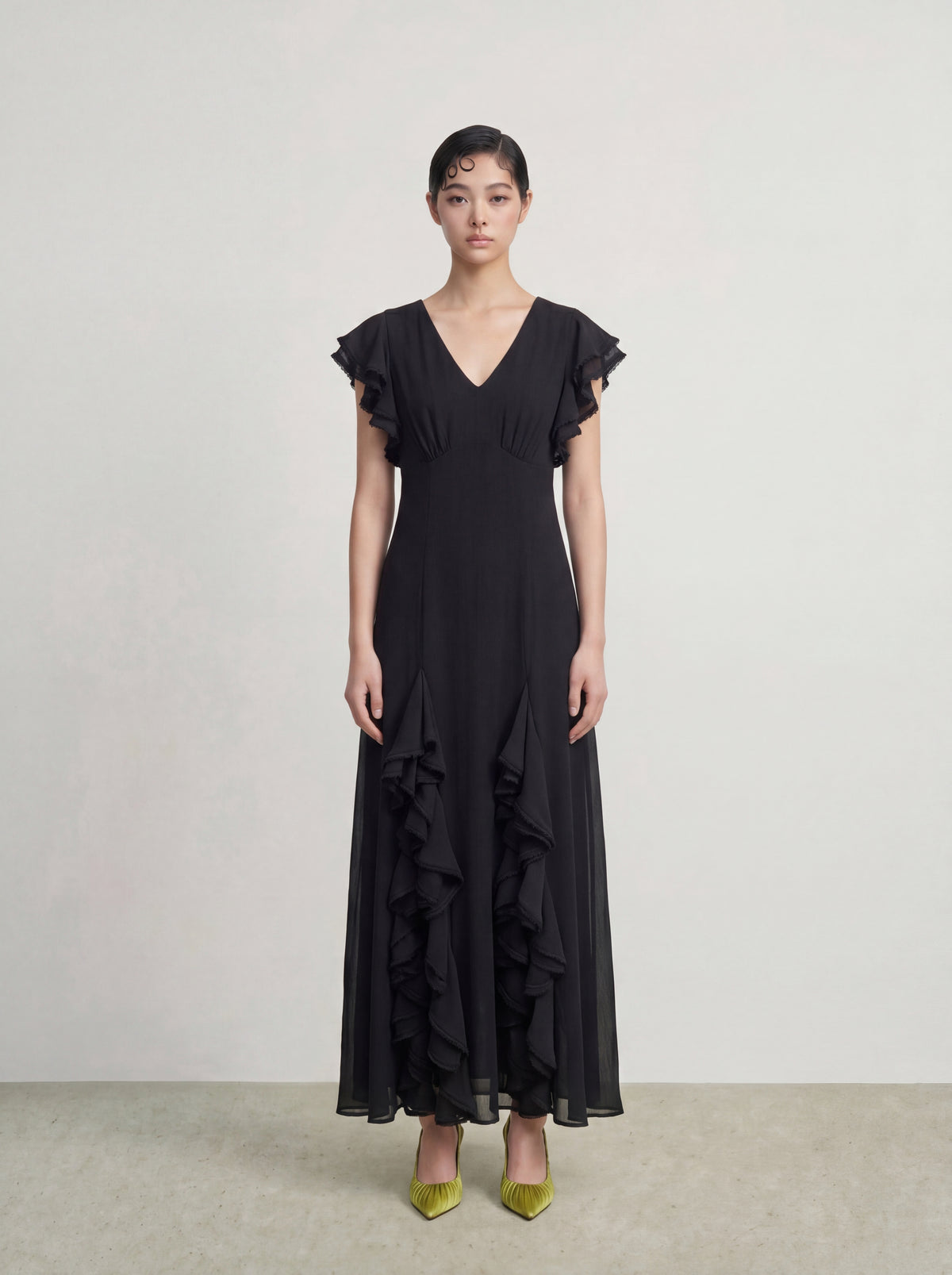 Noir Cascade Ruffle Dress