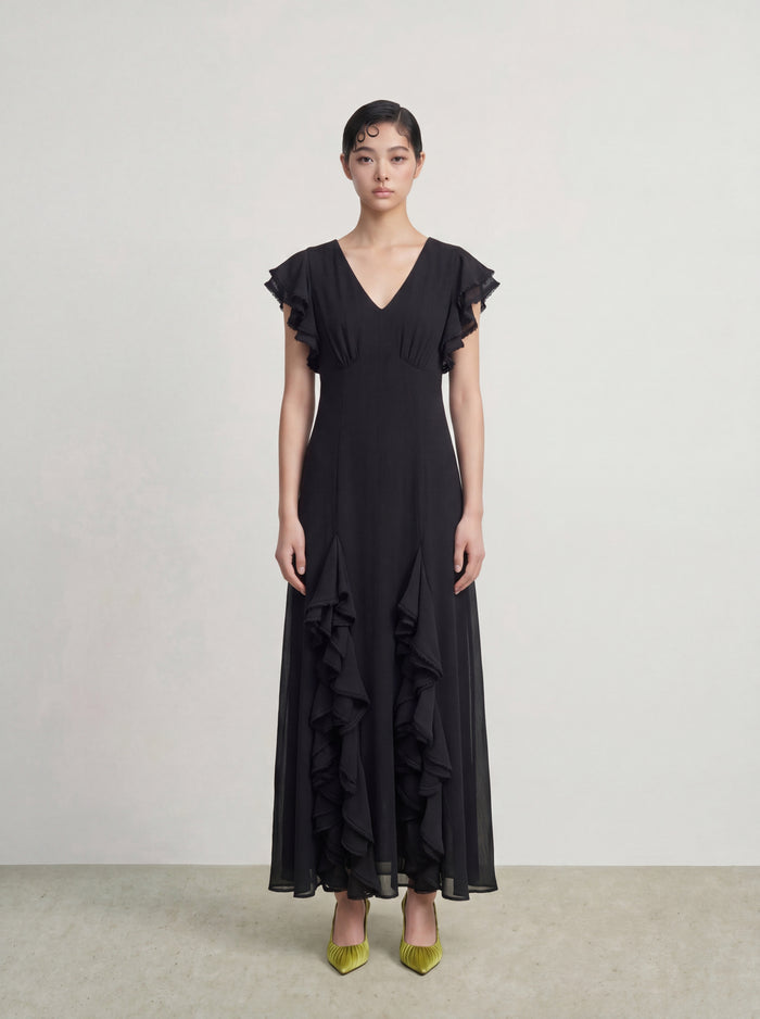 Noir Cascade Ruffle Dress