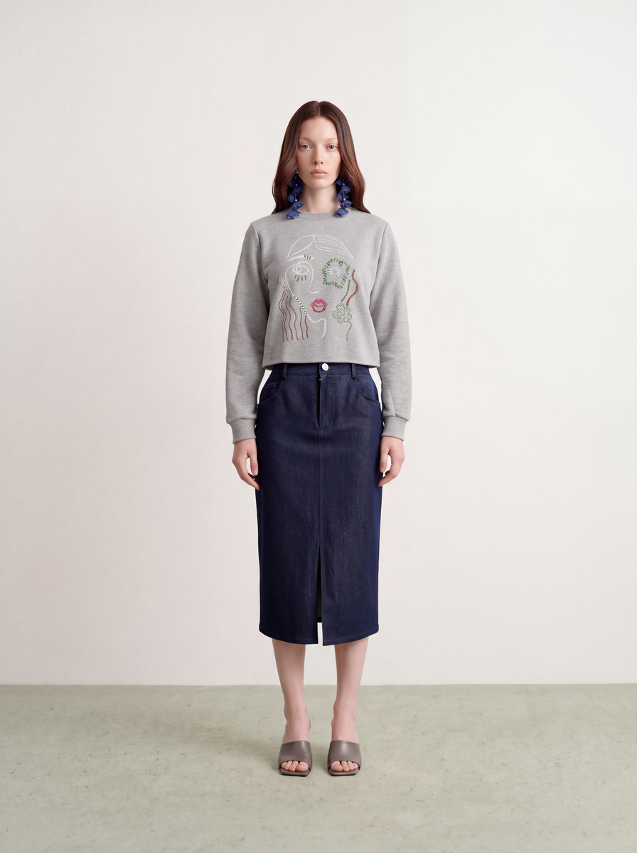 Bleu Héritage Denim Midi Skirt