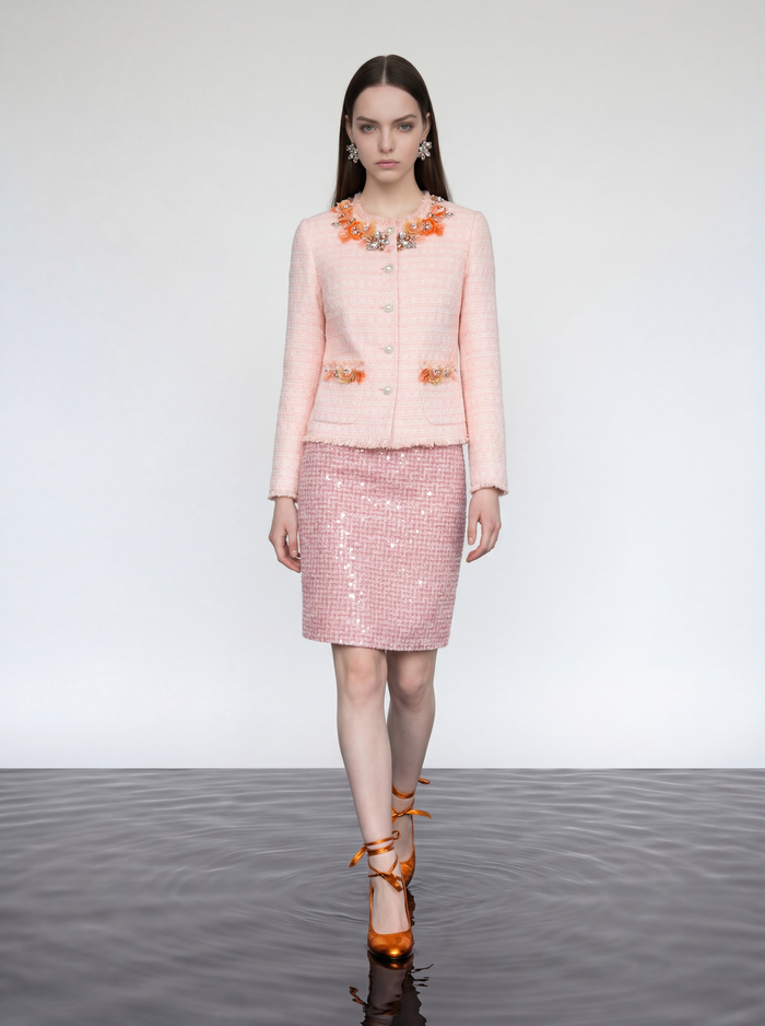 Fleur-Trim Tweed Skirt