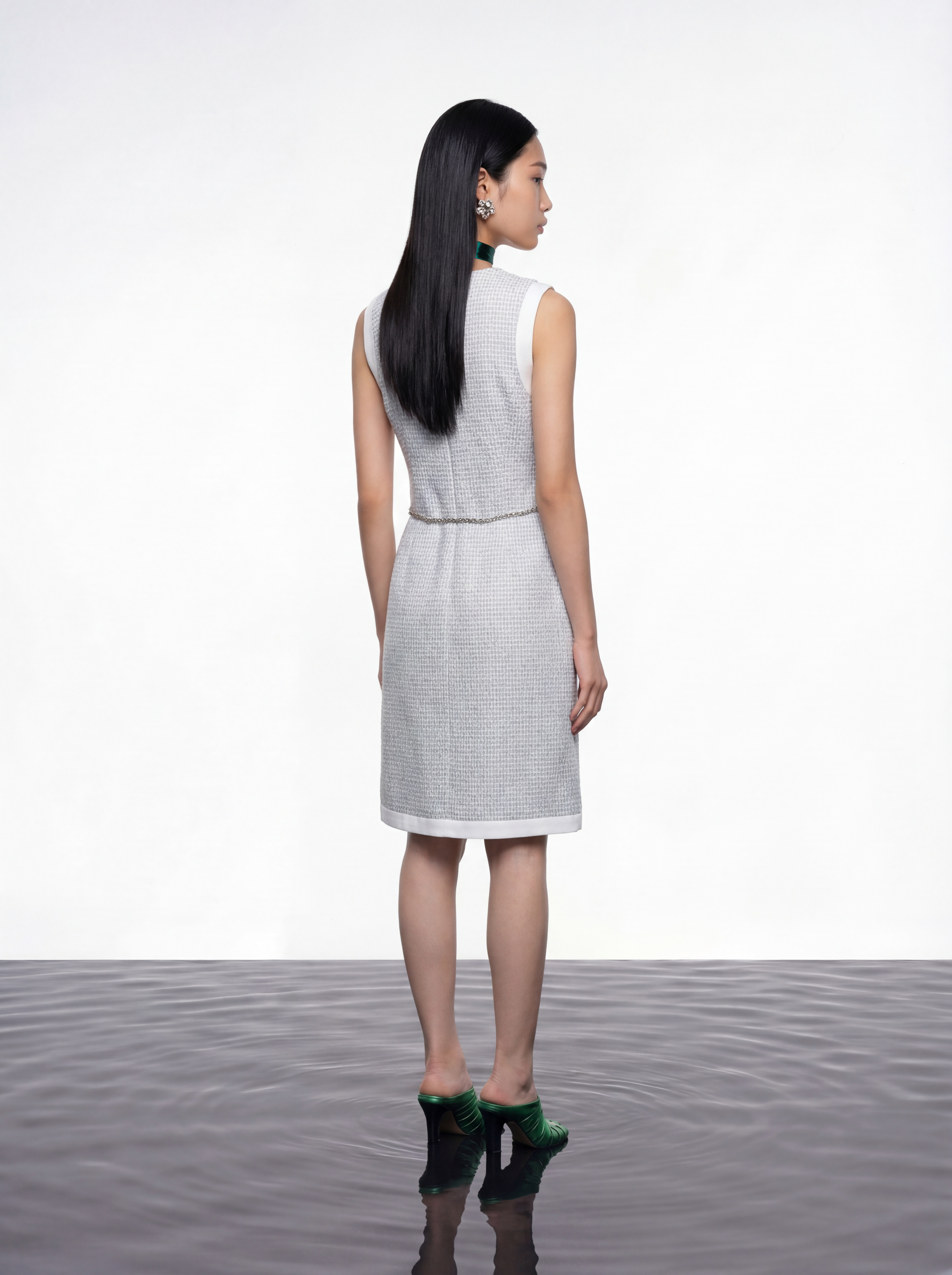 Azure Bloom Chain-Belt Tweed Dress