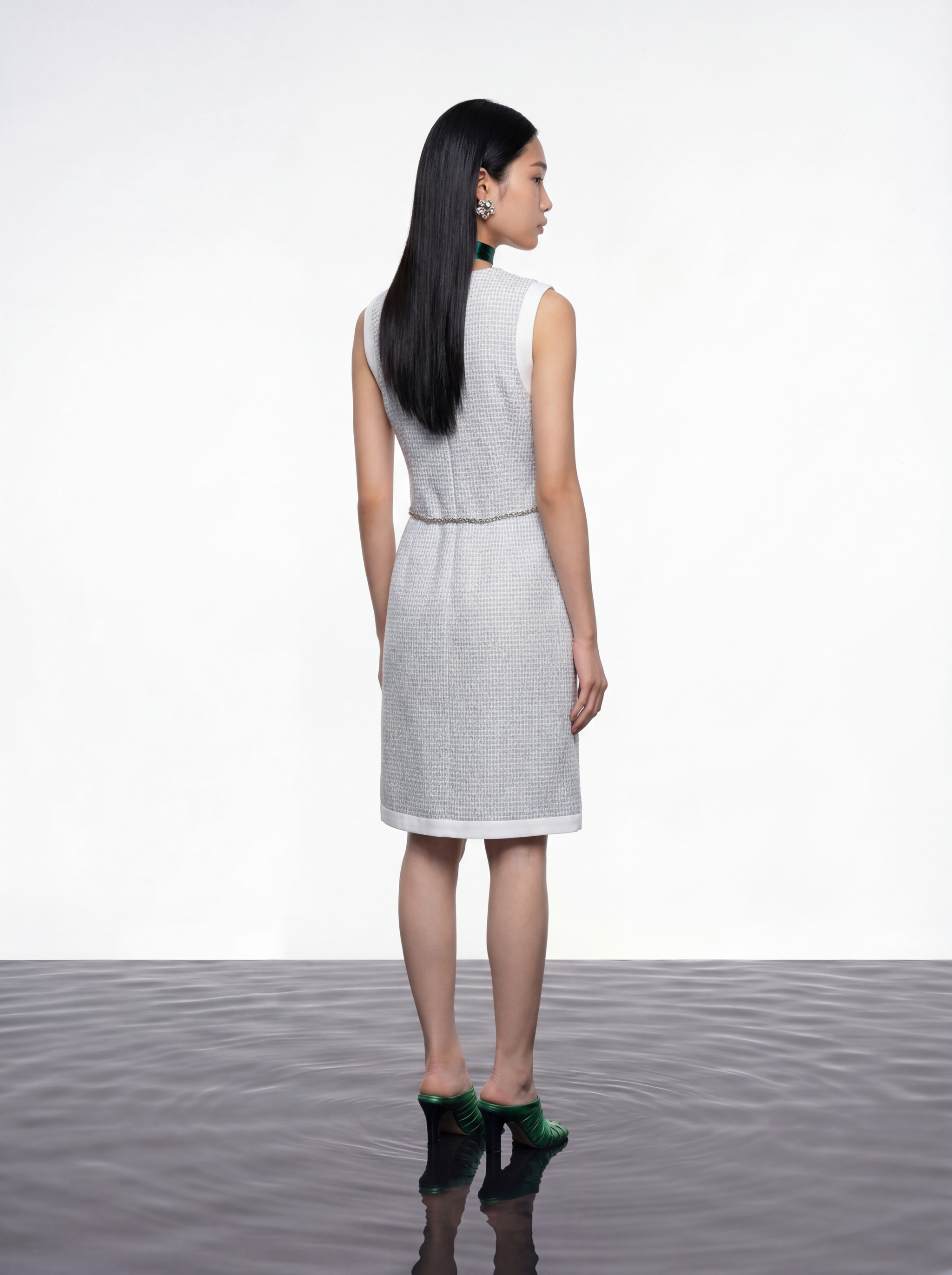 Azure Bloom Chain-Belt Tweed Dress