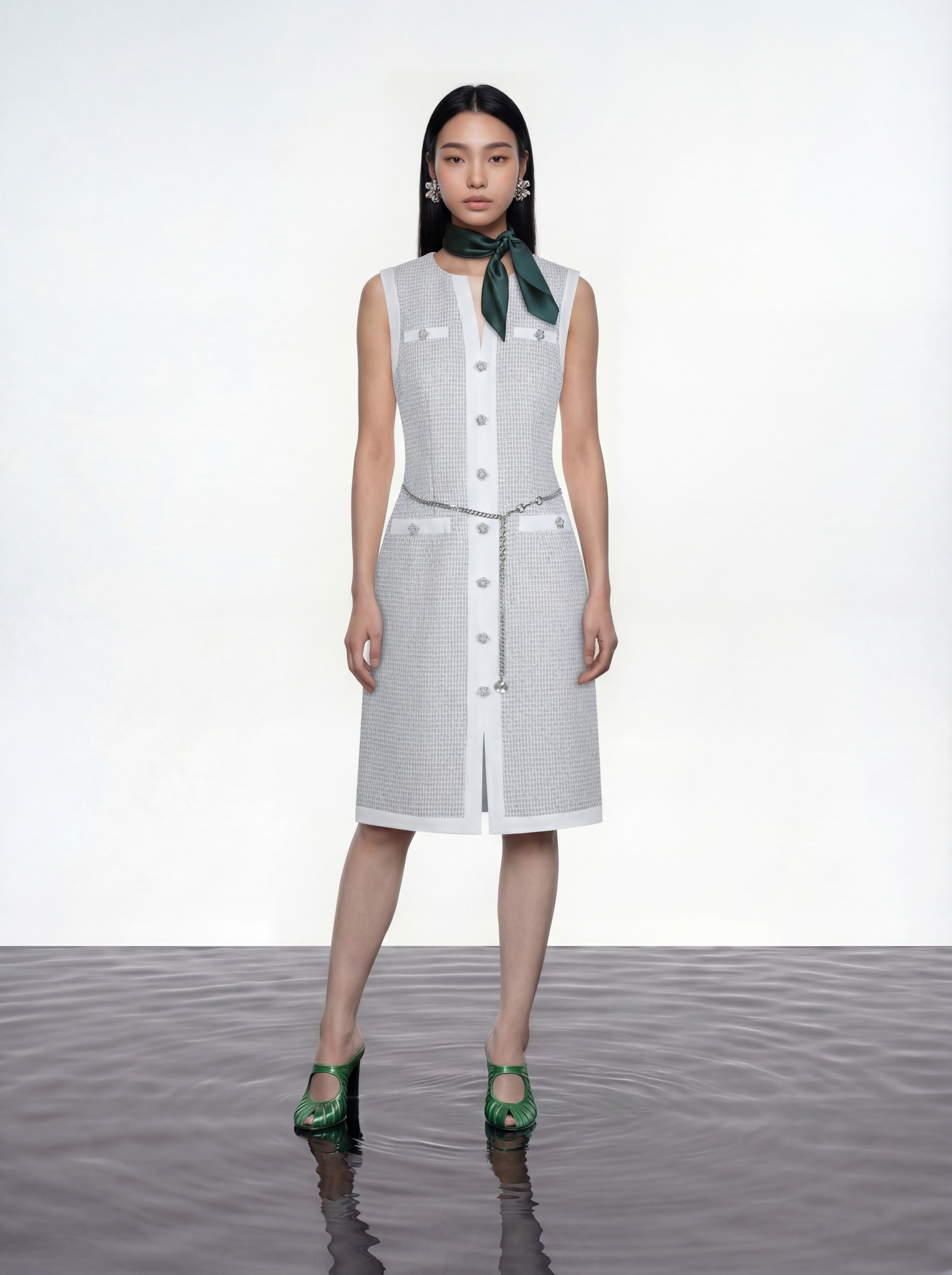 Azure Bloom Chain-Belt Tweed Dress