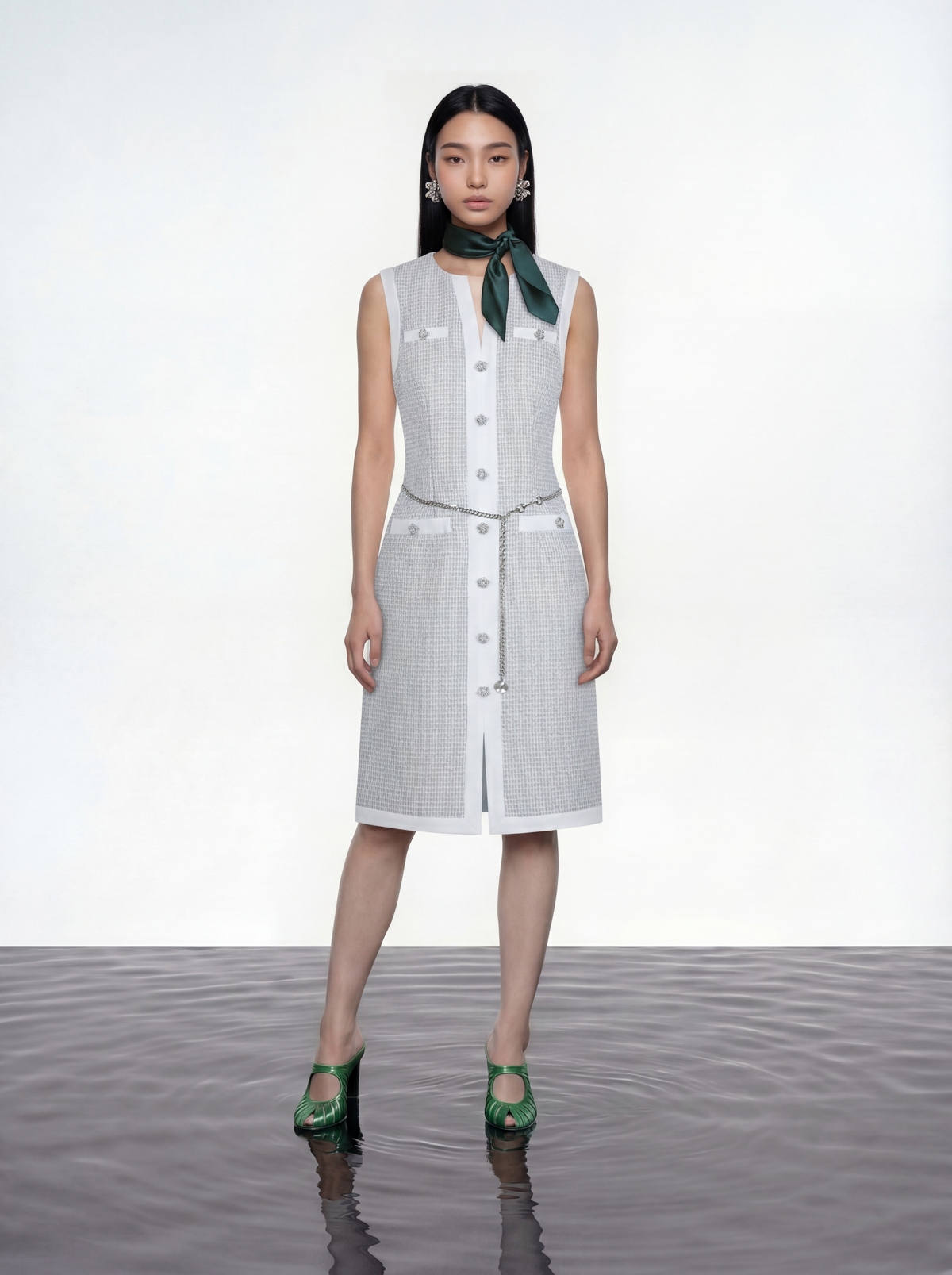 Azure Bloom Chain-Belt Tweed Dress