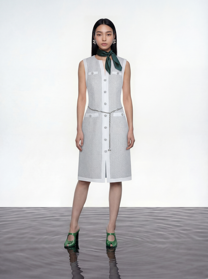 Azure Bloom Chain-Belt Tweed Dress