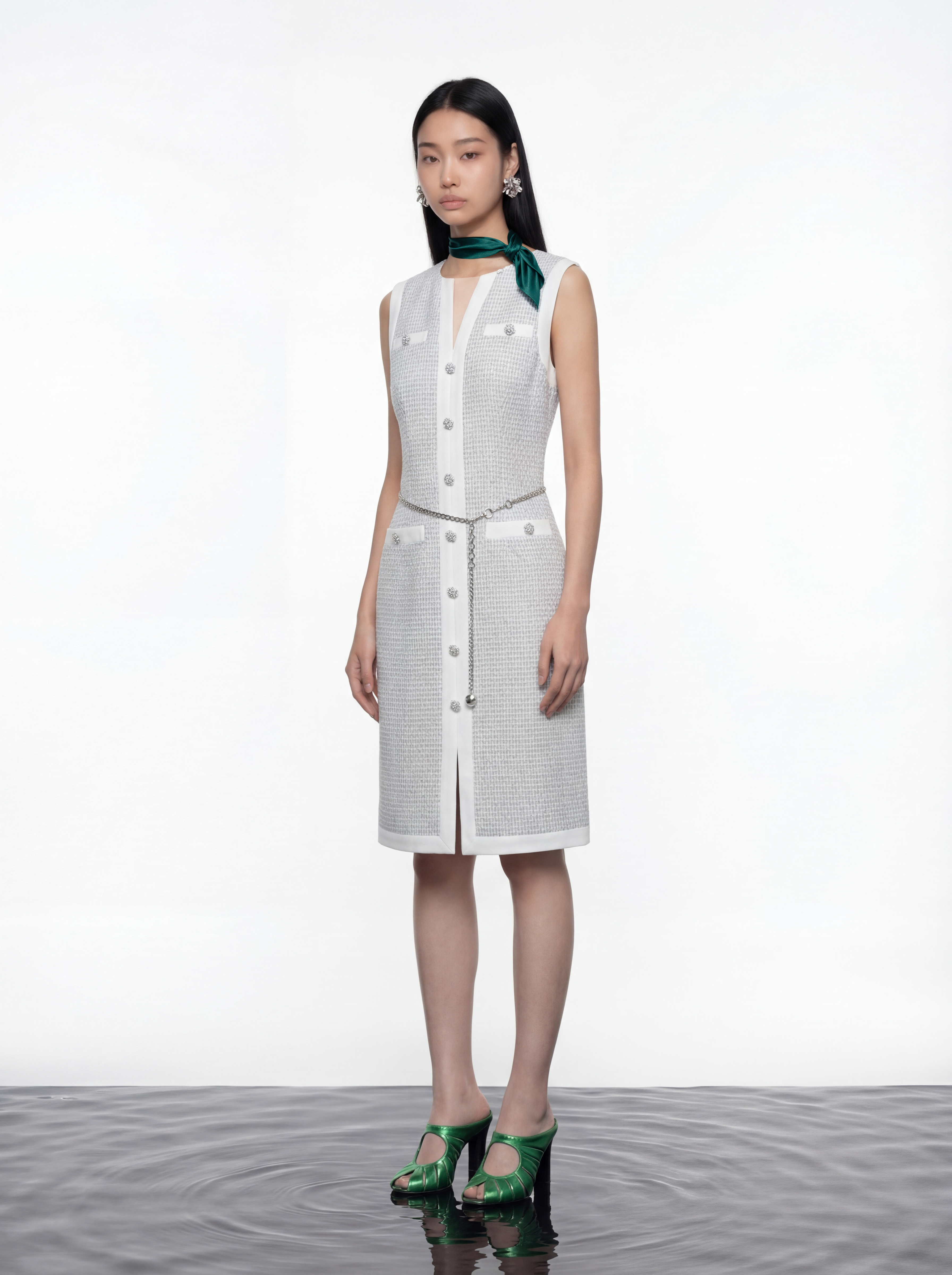 Azure Bloom Chain-Belt Tweed Dress