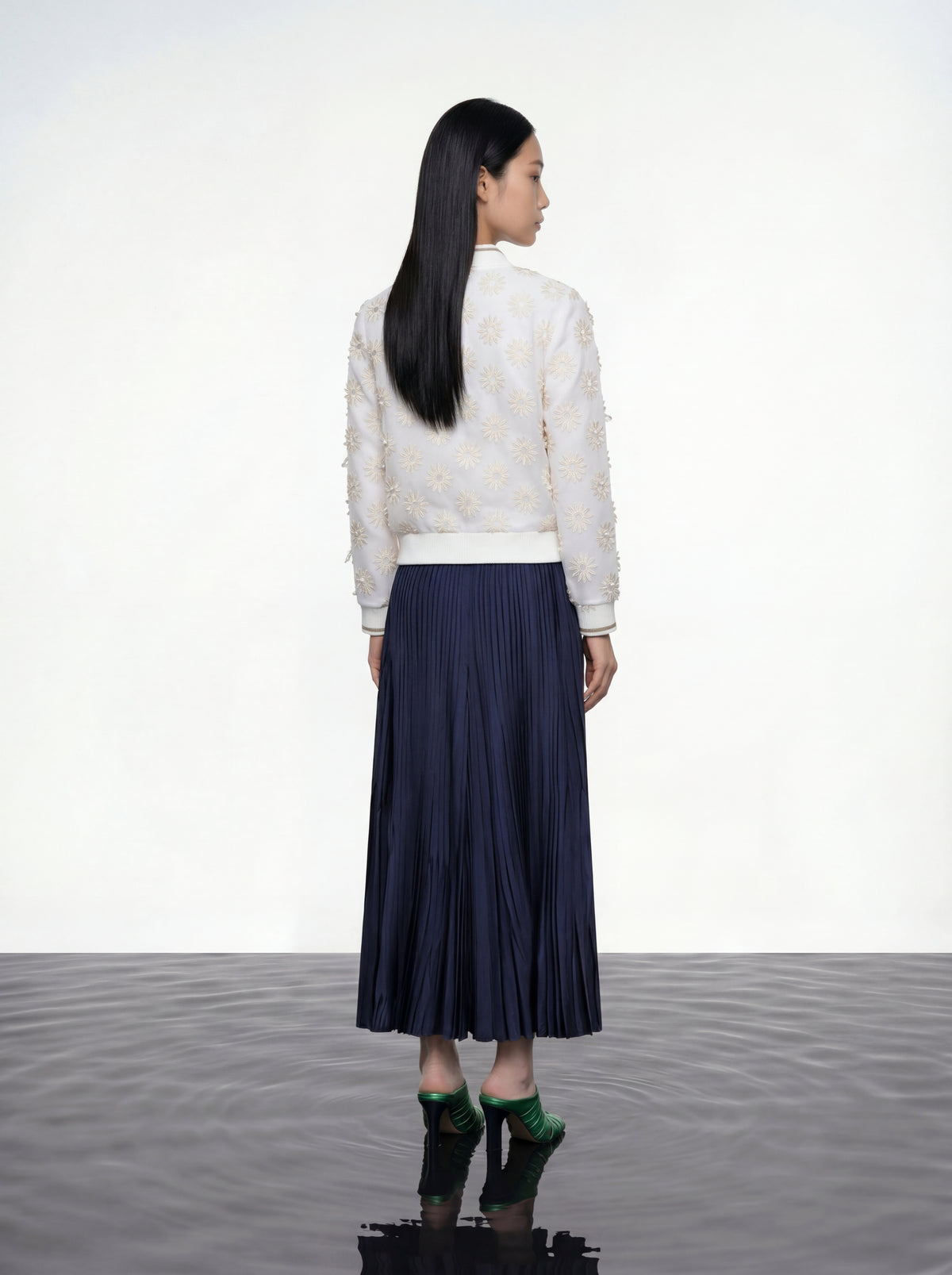 Ivory Daisy Sheer Pearl Bomber Jacket